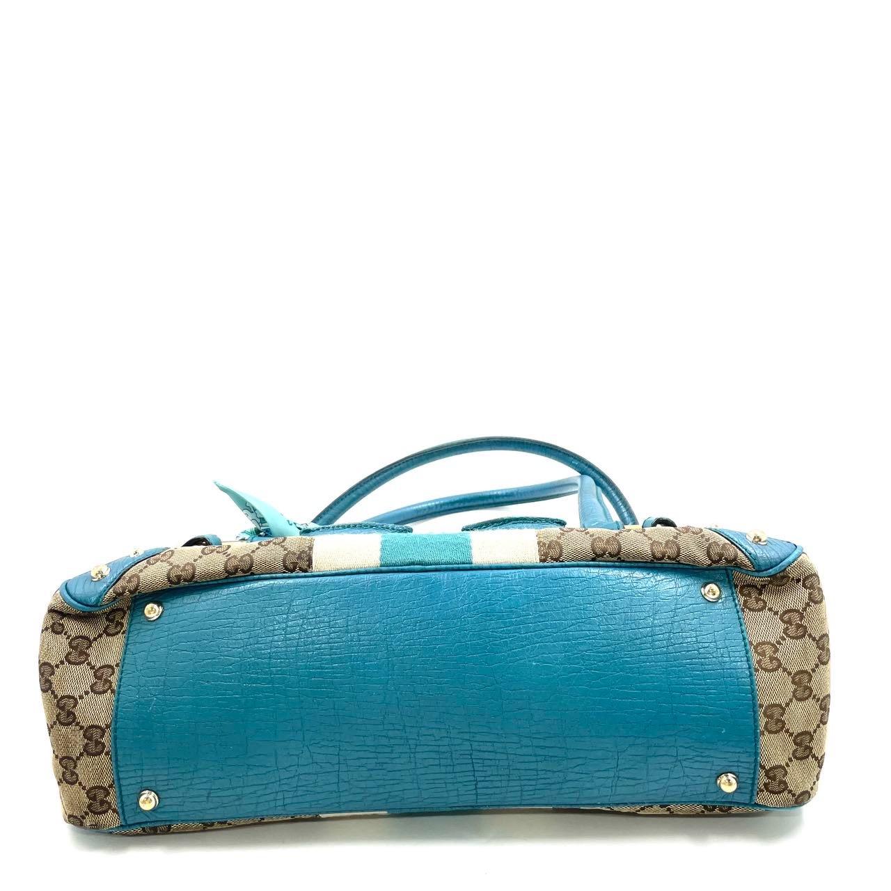 Gucci Horsebit Boston Bowling Handbag Monogram Canvas Blue Leather Bon état - En vente à AUBERVILLIERS, FR