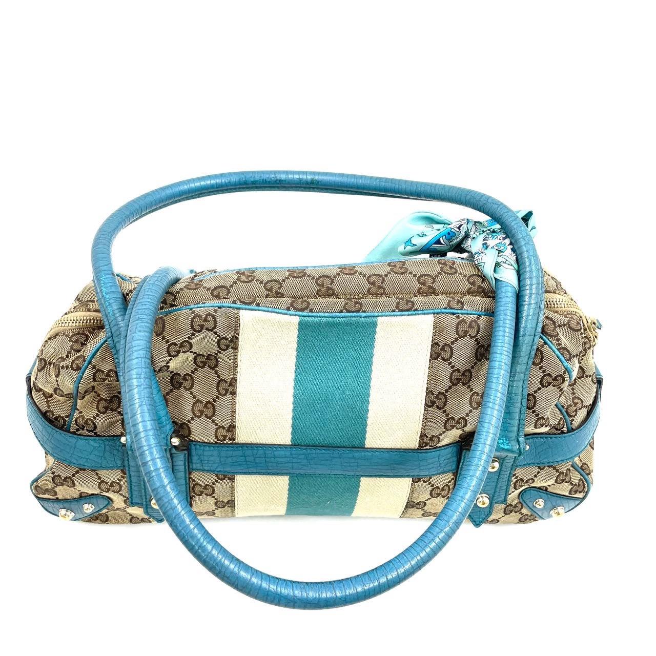 Gucci Horsebit Boston Bowling Handbag Monogram Canvas Blue Leather en vente 1