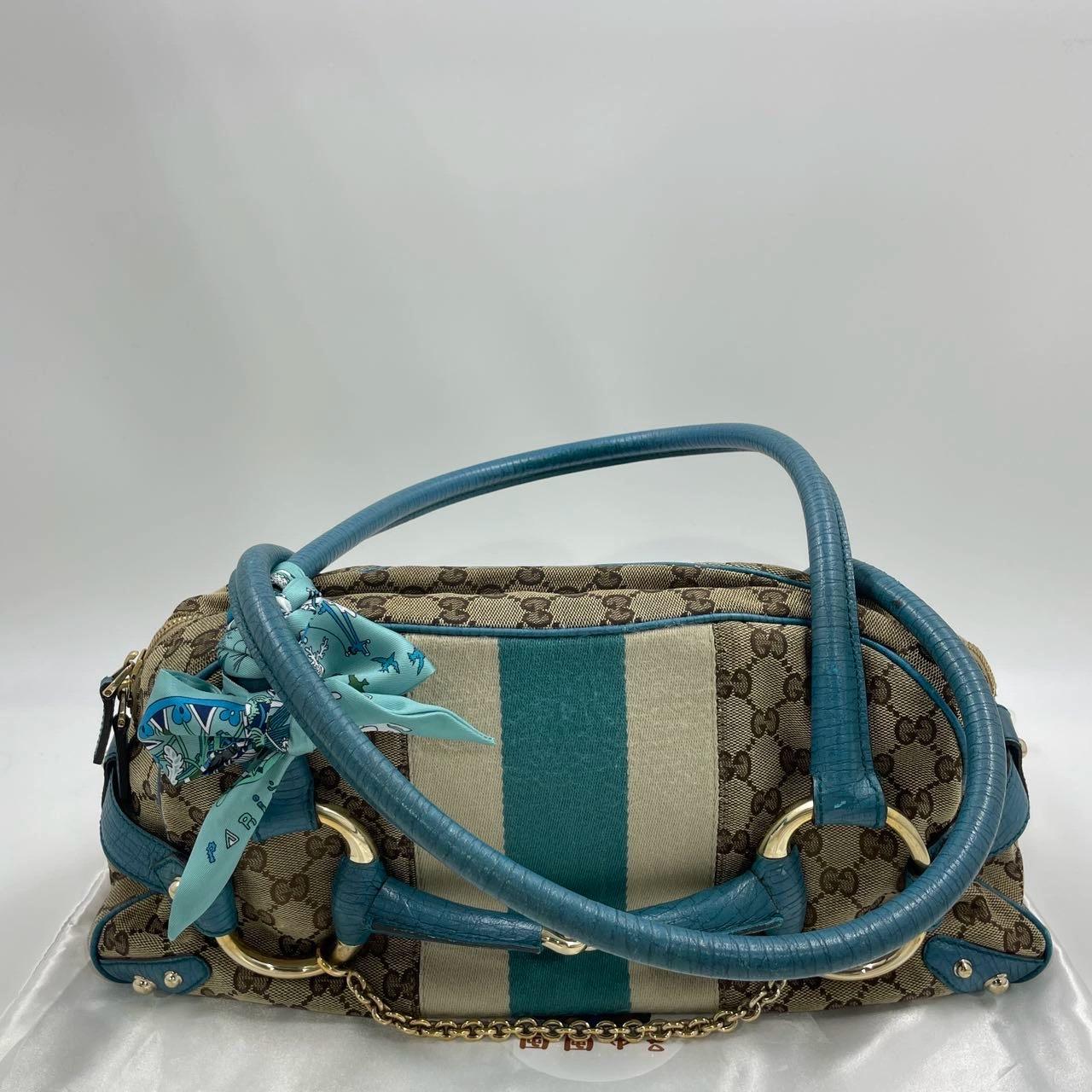 Gucci Horsebit Boston Bowling Handbag Monogram Canvas Blue Leather en vente 2