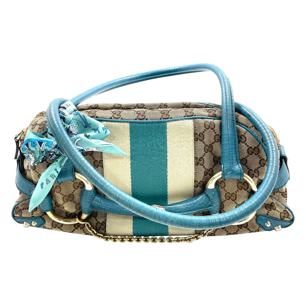 Gucci Horsebit Boston Bowling Handbag Monogram Canvas Blue Leather
