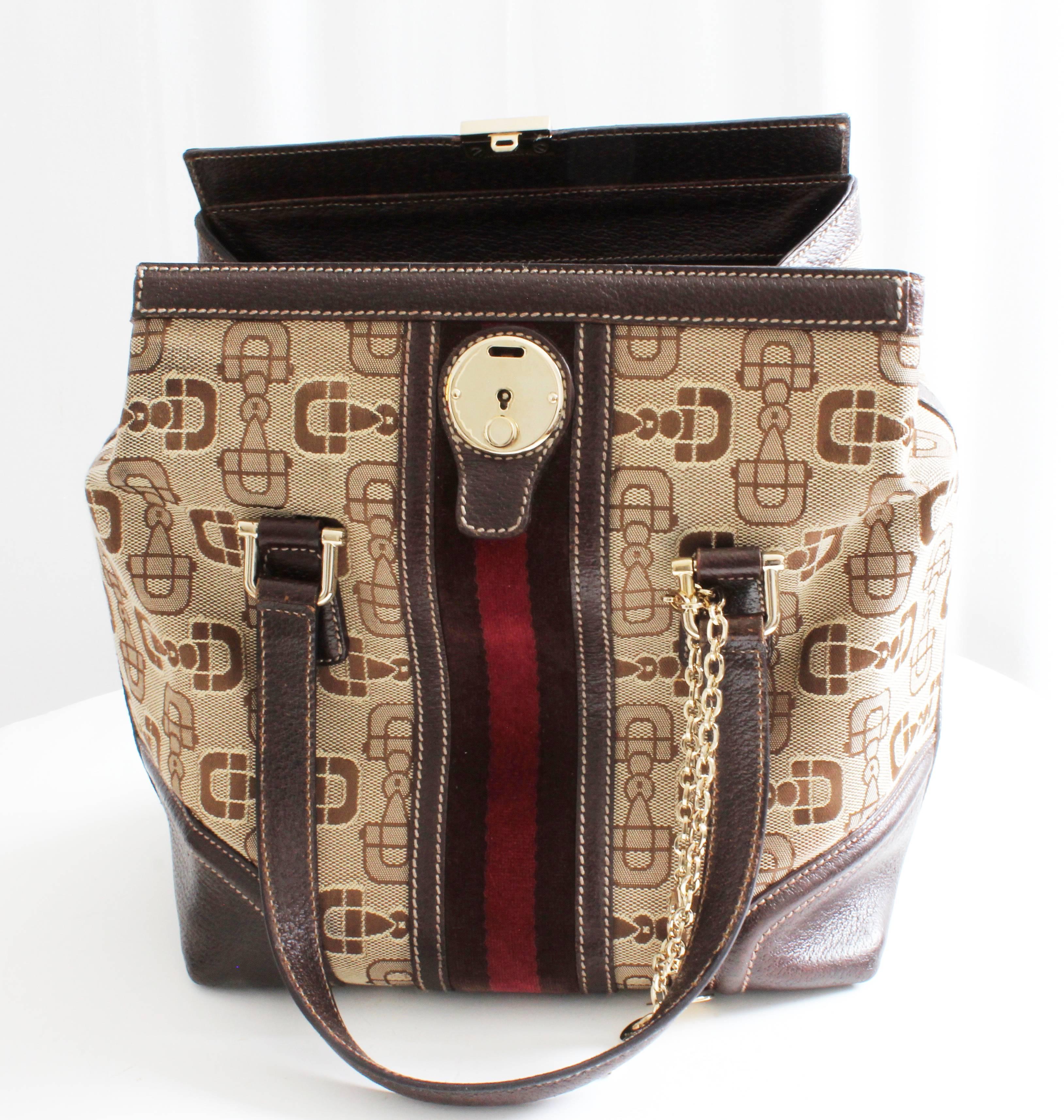 Gucci Horsebit Canvas Treasure Boston Tote Bag Dunkelbraun mit Schlüssel & Staubschutzhülle 1