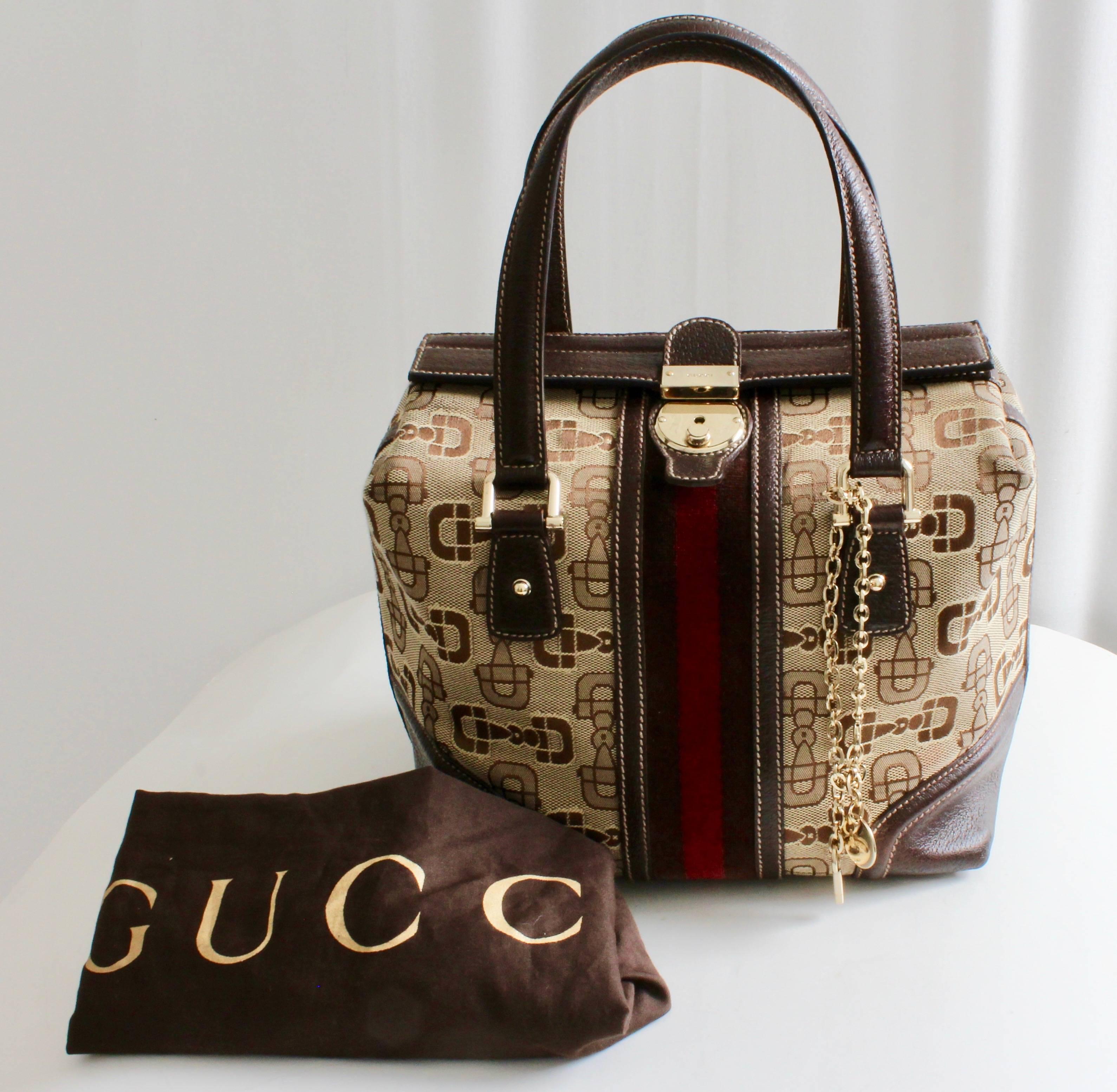 Women's Gucci Horsebit Canvas Treasure Boston Tote Bag Dark Brown with Key & Dustcover