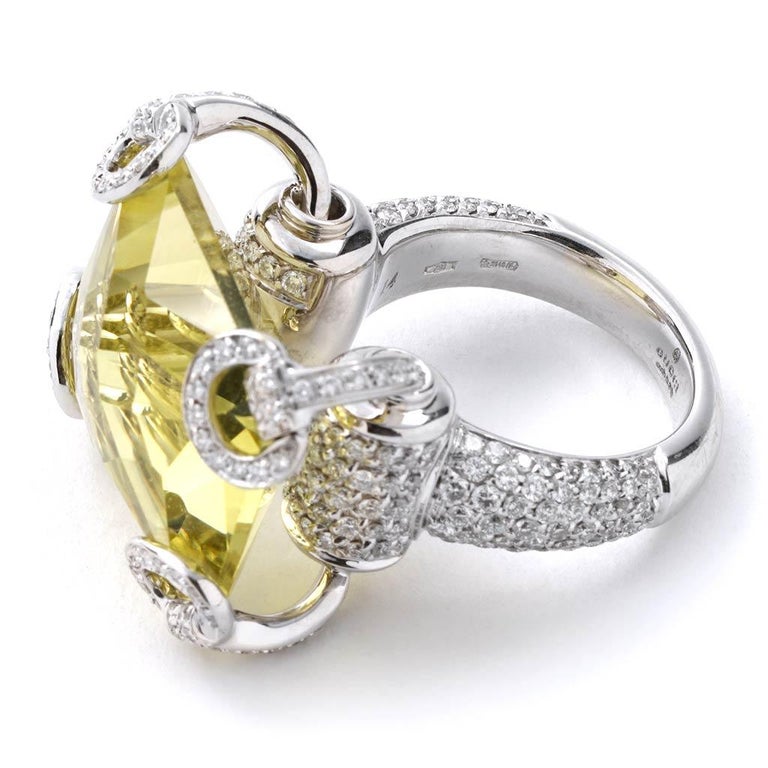 Gucci Horsebit Collection Ring in 18 Karat White Gold with Lemon Quartz