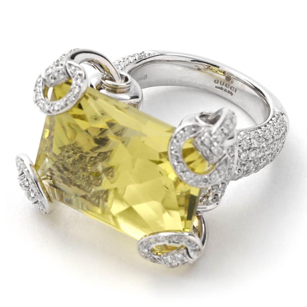 Contemporary Gucci Horsebit Collection Ring in 18 Karat White Gold with Lemon Quartz Center