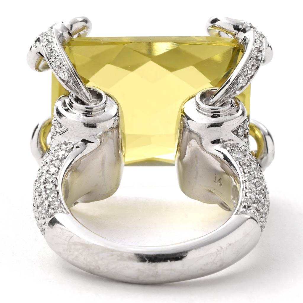 Cushion Cut Gucci Horsebit Collection Ring in 18 Karat White Gold with Lemon Quartz Center