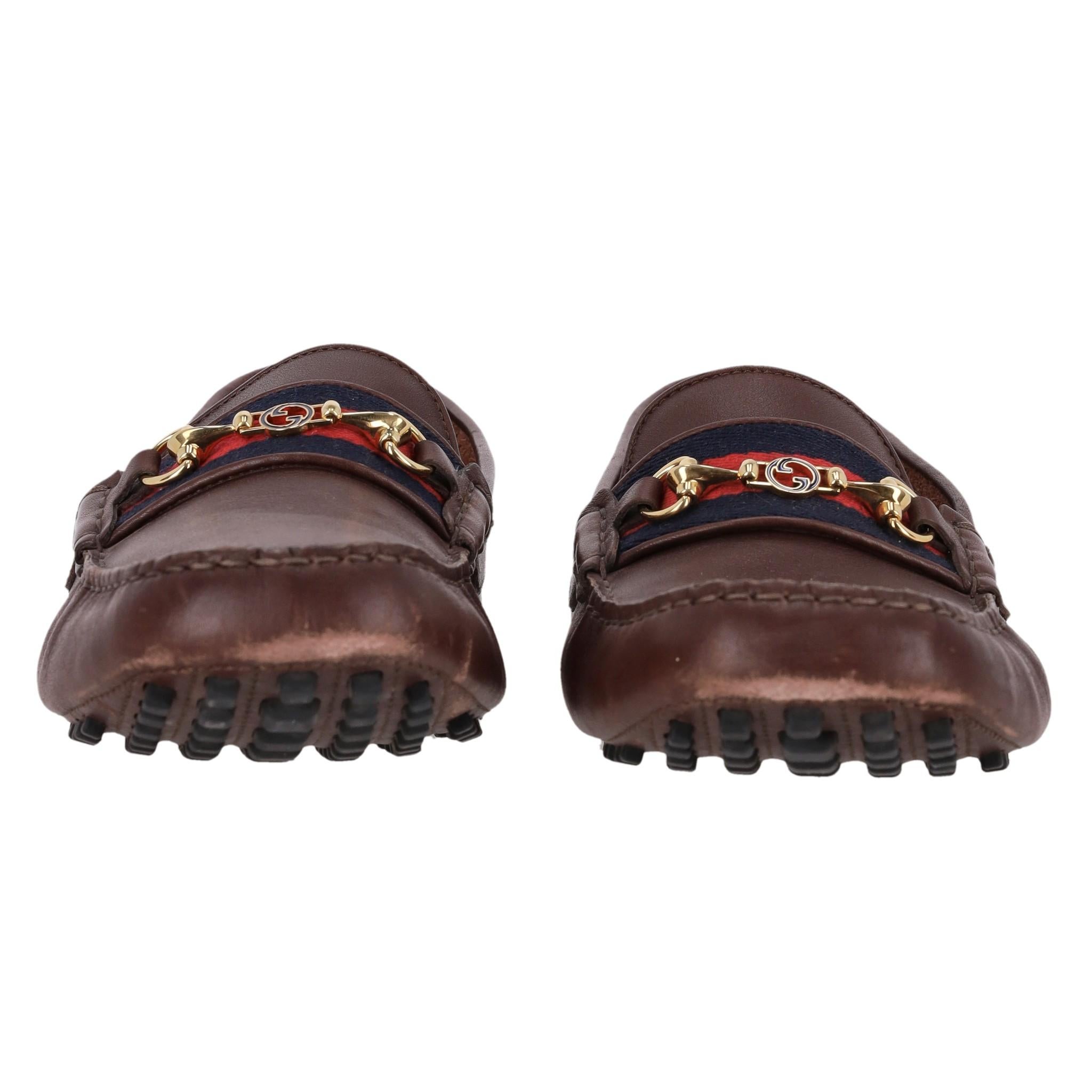 Brown Gucci Horsebit Detail Web Stripe Leather Loafers For Sale