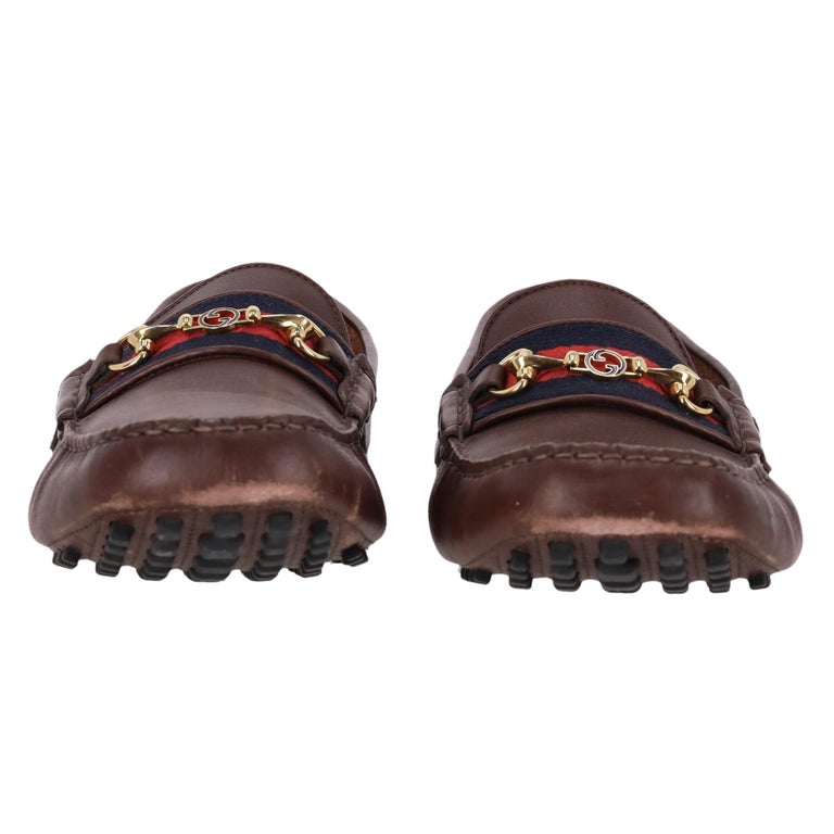 Gucci Horsebit Detail Web Stripe Leather Loafers For Sale at  display picture 2