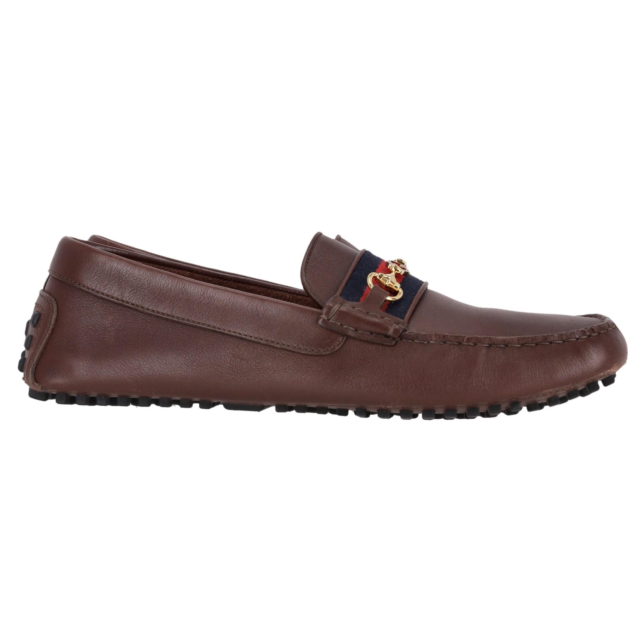 Gucci Horsebit Detail Web Stripe Leather Loafers In Good Condition For Sale In London, GB