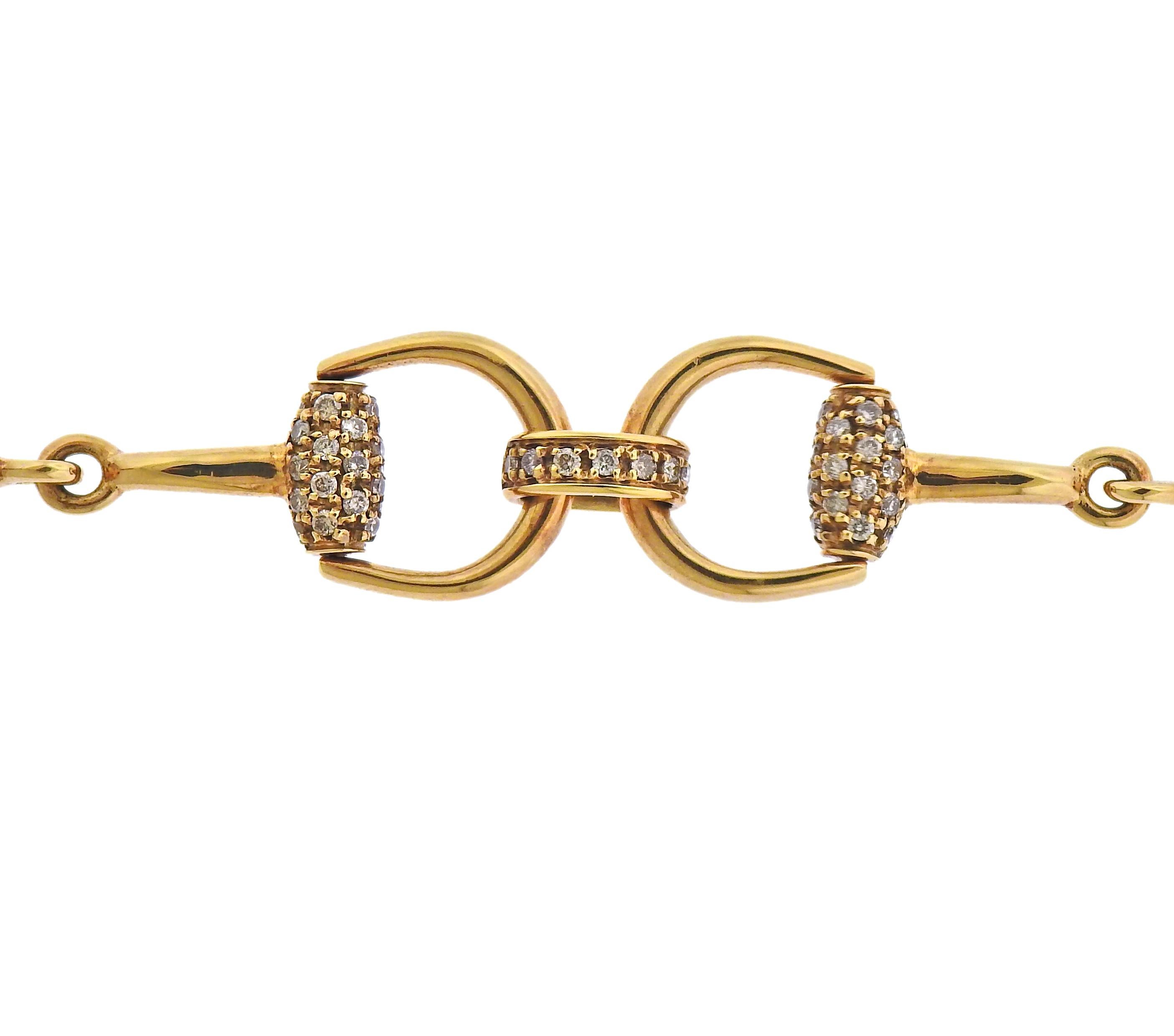 18k yellow gold Horsebit link bracelet by Gucci, with approx. 1.04ctw in G/VS diamonds. Current retail $6350. Bracelet is 6.5