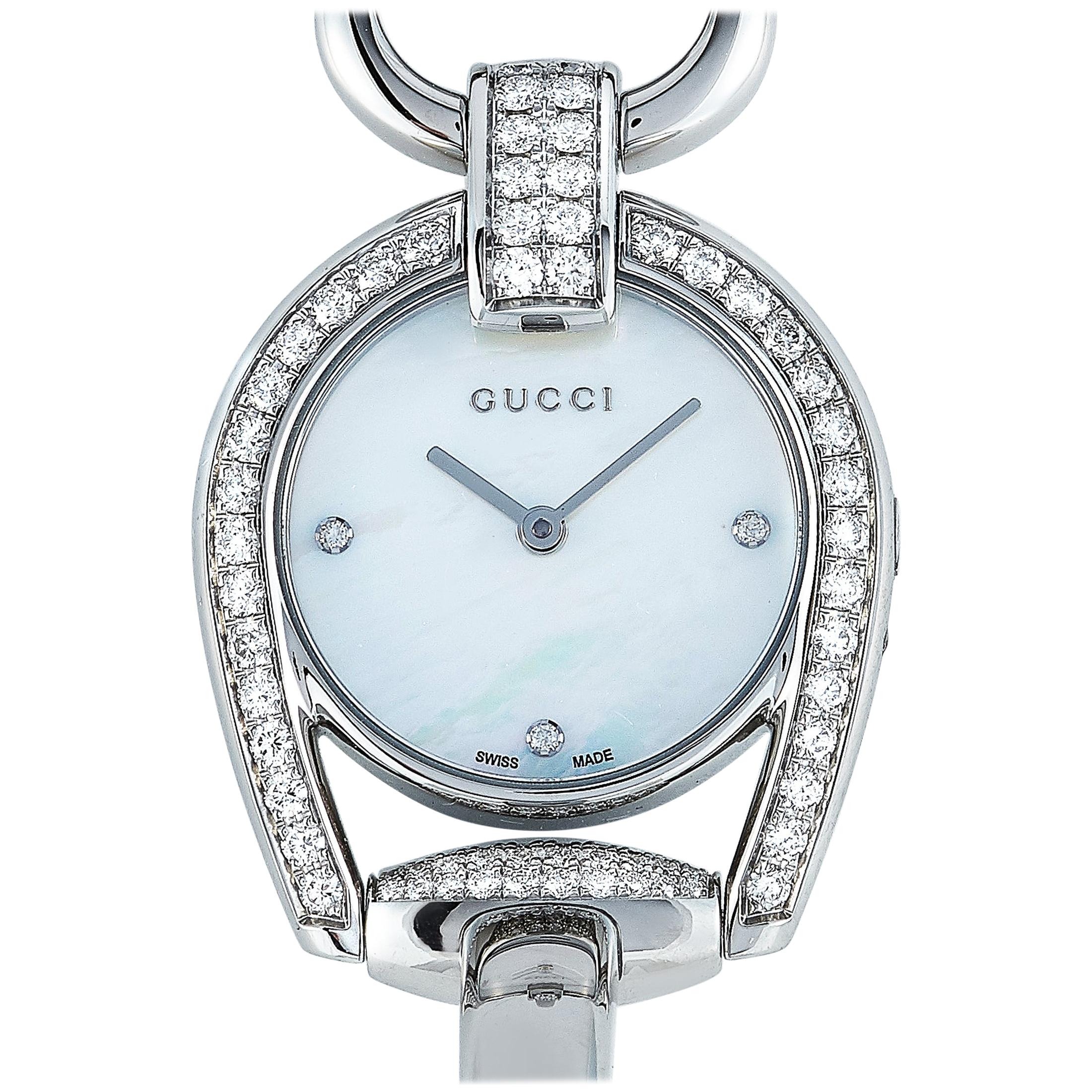 Gucci Horsebit Diamond Mother of Pearl Dial Watch YA139505
