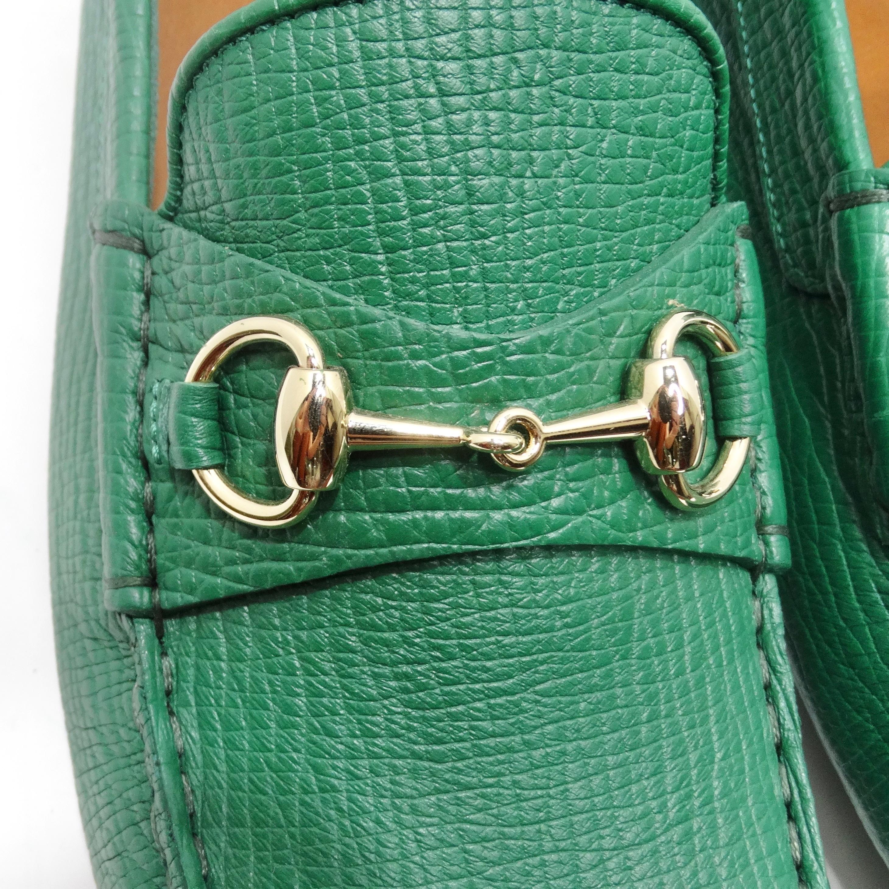Step into luxury with the Gucci Horsebit Driver Loafers in Green—a classic piece that marries timeless style with the unmistakable touch of Gucci sophistication. These loafers aren't just shoes; they are a statement of refined taste and contemporary