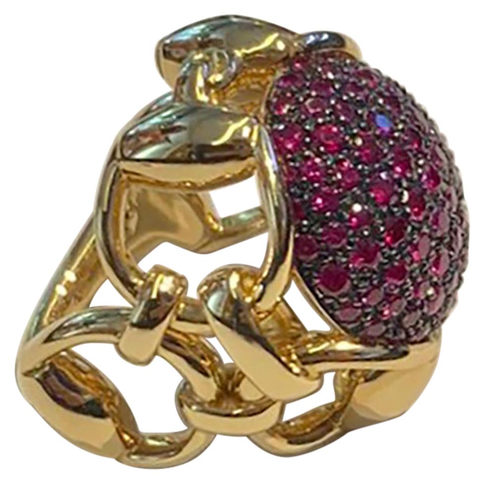 Gucci Horsebit Equestrian 18k Gold Cocktail Ring with Pink Sapphires