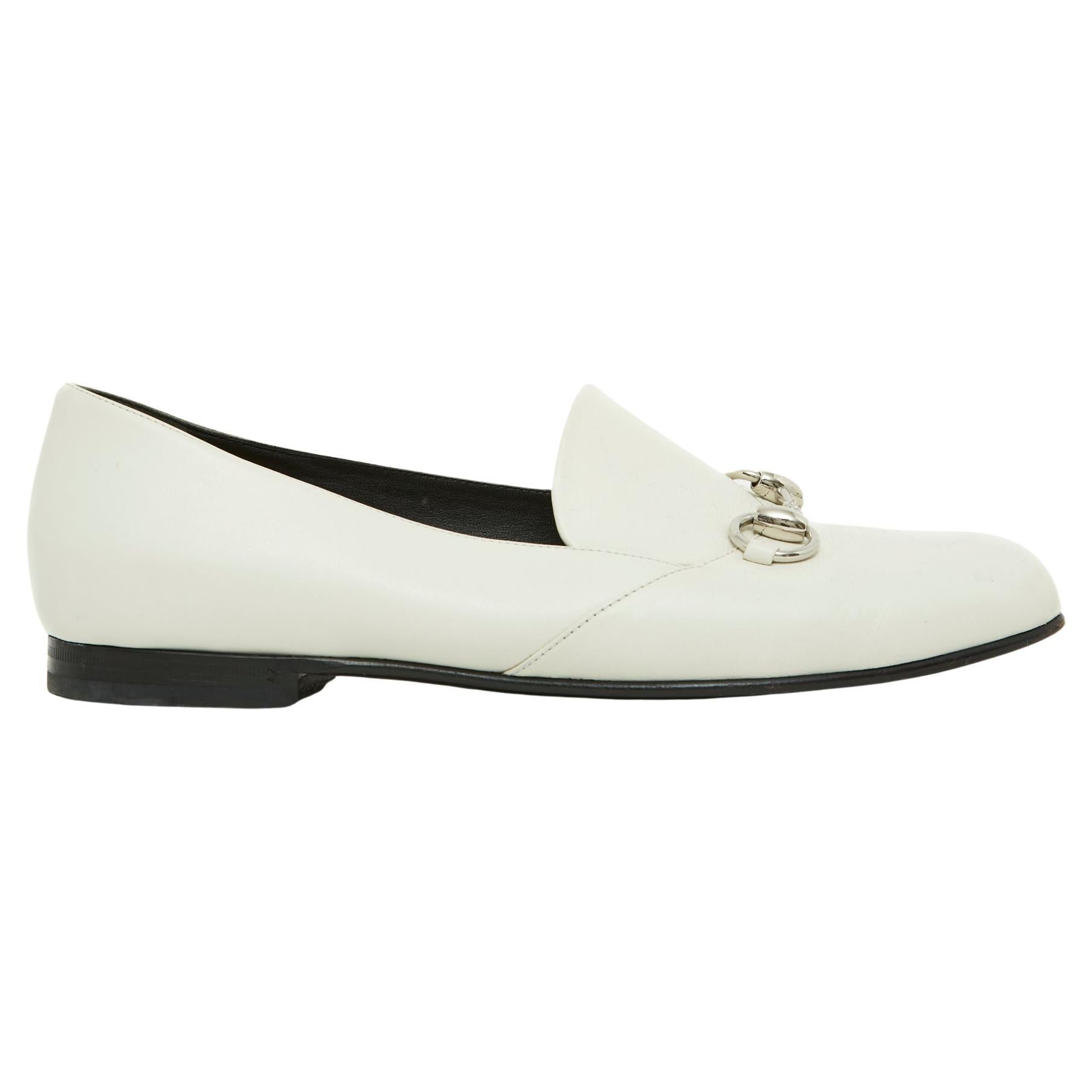 Gucci Horsebit Flats EU38 White Leather Loafers US7.5 For Sale