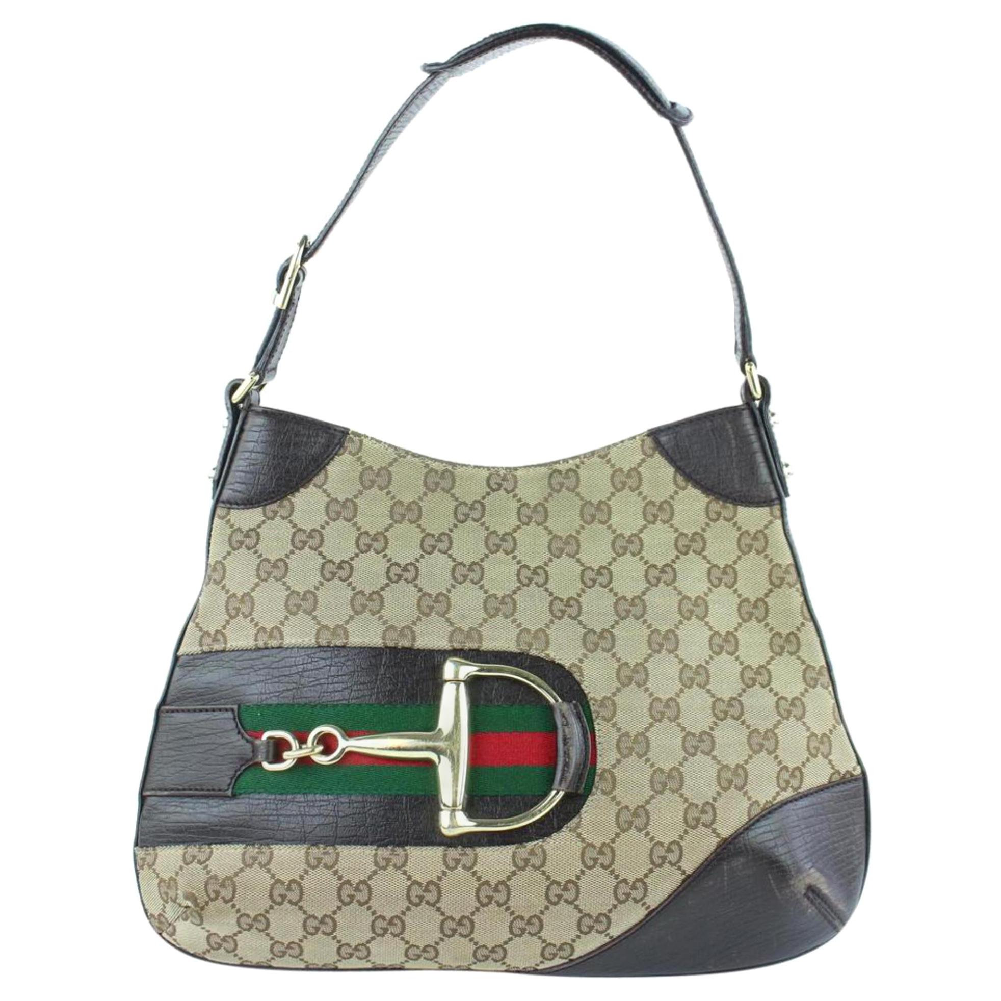 Gucci Horsebit Hasler Hobo Sherry Monogam Web 26gz1016 Brown Canvas Shoulder Bag For Sale