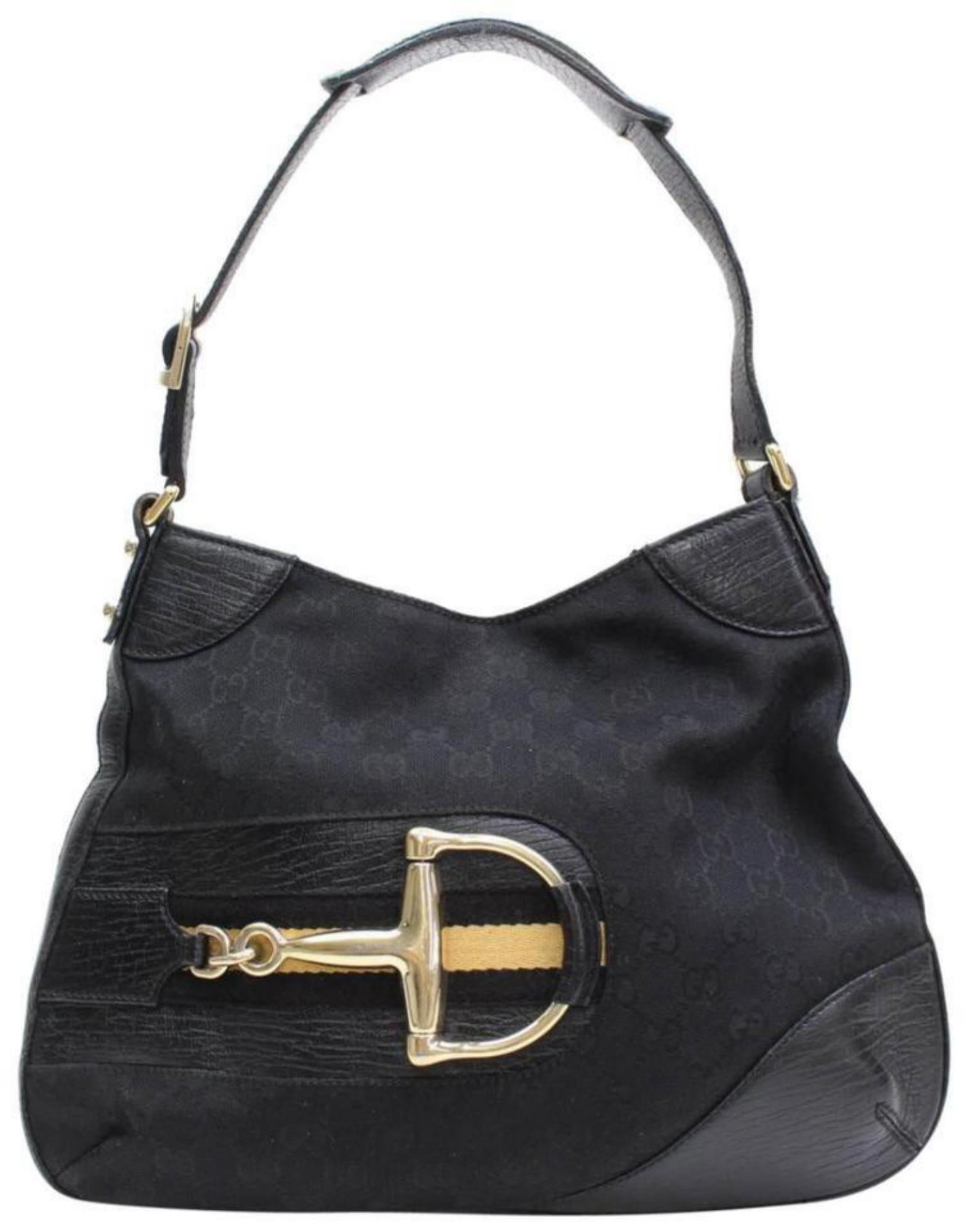 Gucci Horsebit Hasler Hobo Web Monogram 867630 Black Canvas Shoulder Bag For Sale 1