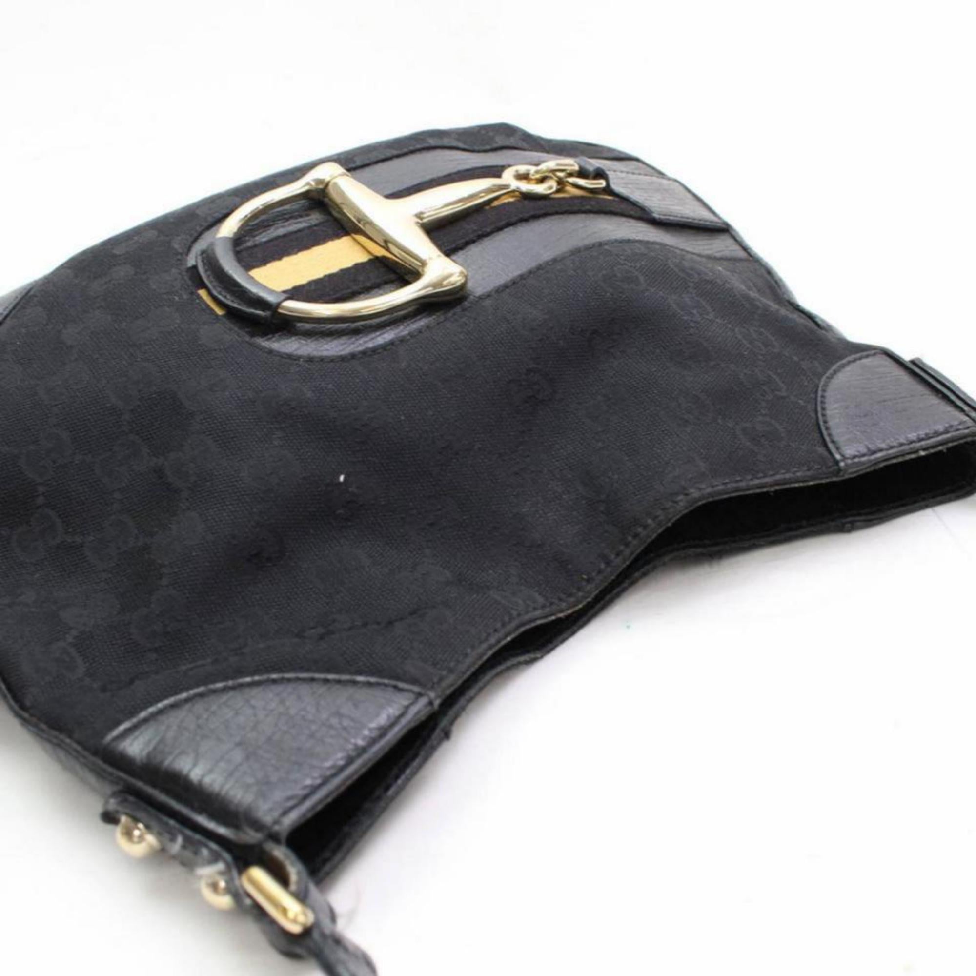Gucci Horsebit Hasler Hobo Web Monogram 867630 Black Canvas Shoulder Bag For Sale 2