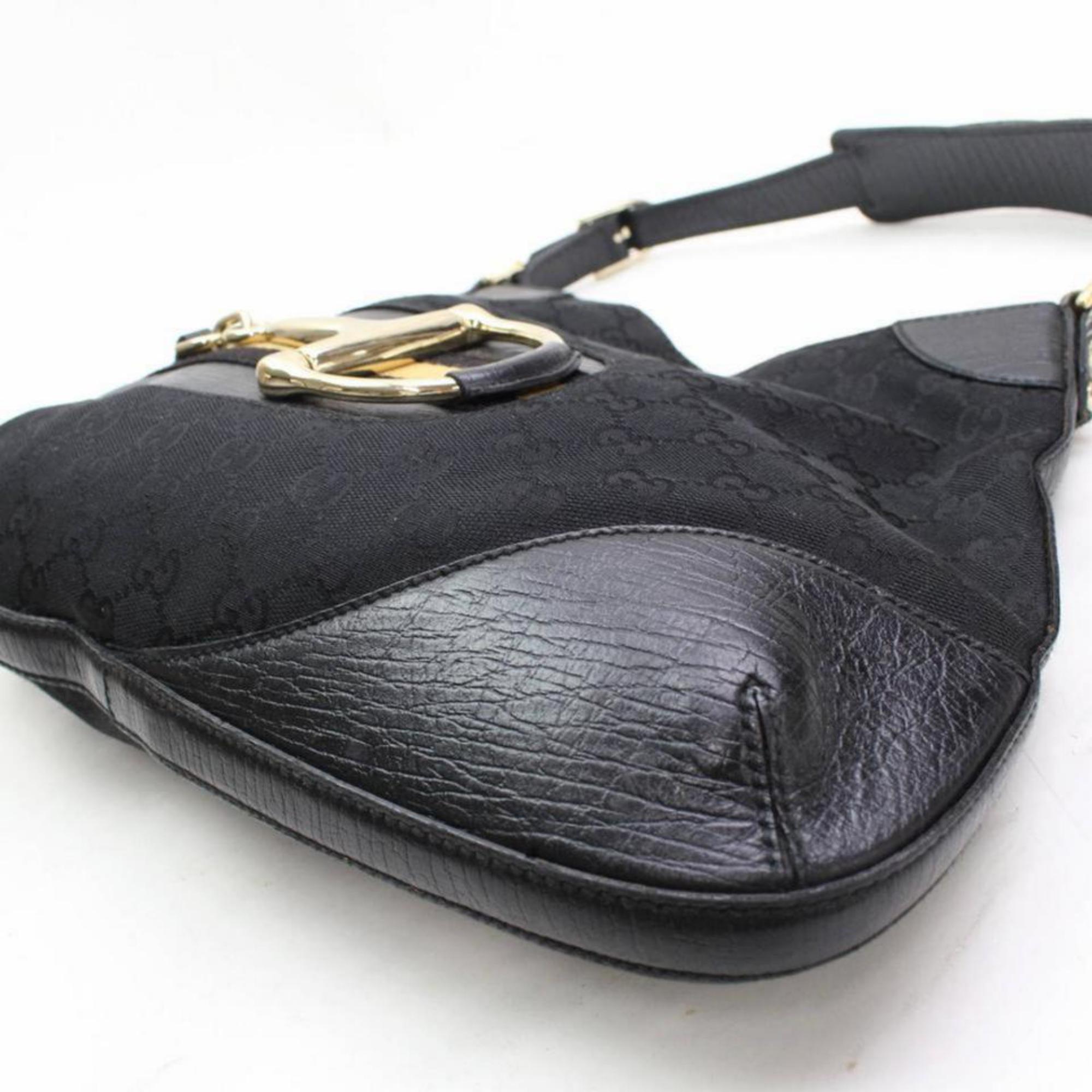 Gucci Horsebit Hasler Hobo Web Monogram 867630 Black Canvas Shoulder Bag For Sale 3