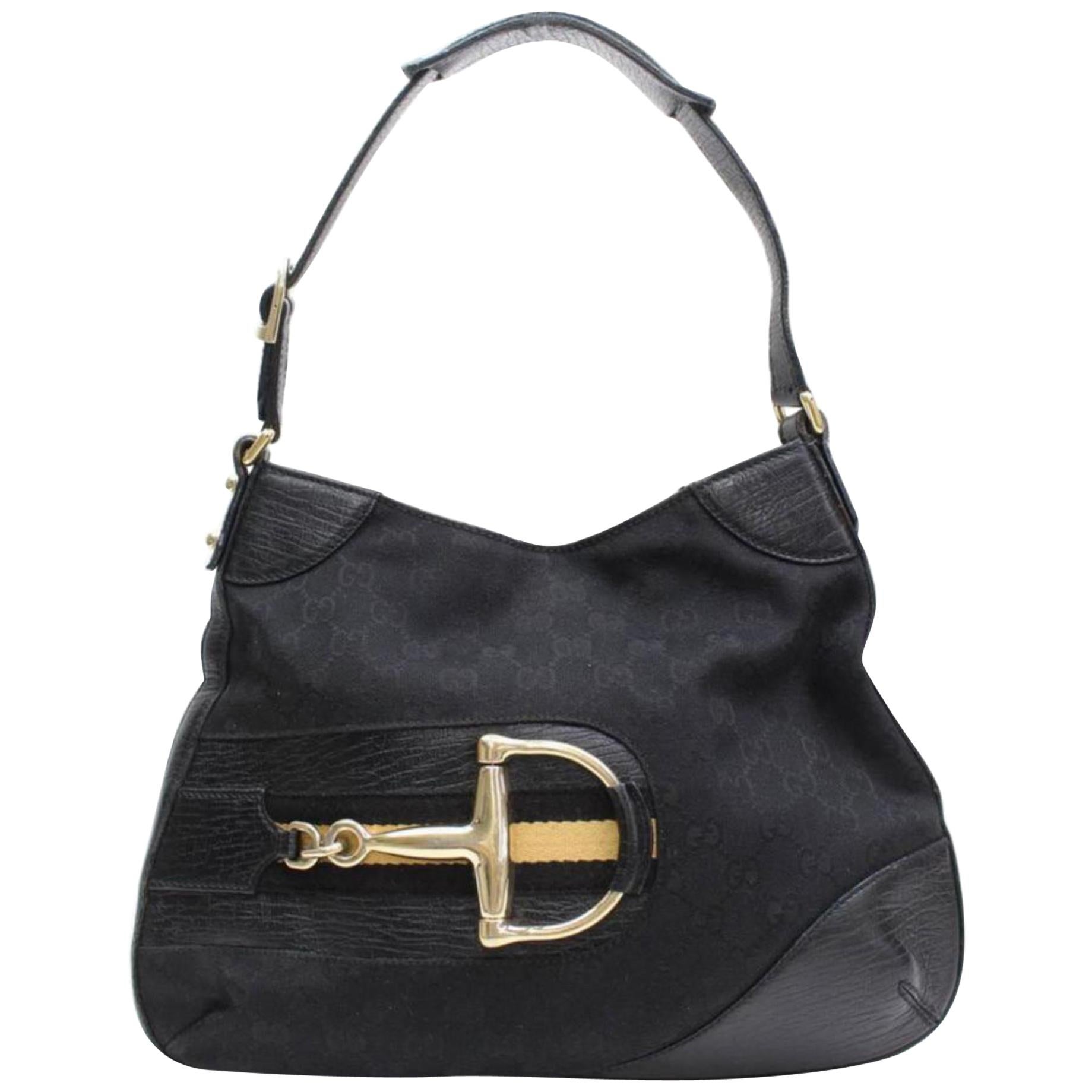 Gucci Horsebit Hasler Hobo Web Monogram 867630 Black Canvas Shoulder Bag For Sale