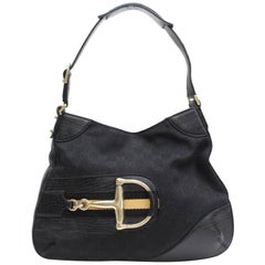 Gucci Horsebit Hasler Hobo Web Monogram 867630 Black Canvas Shoulder Bag