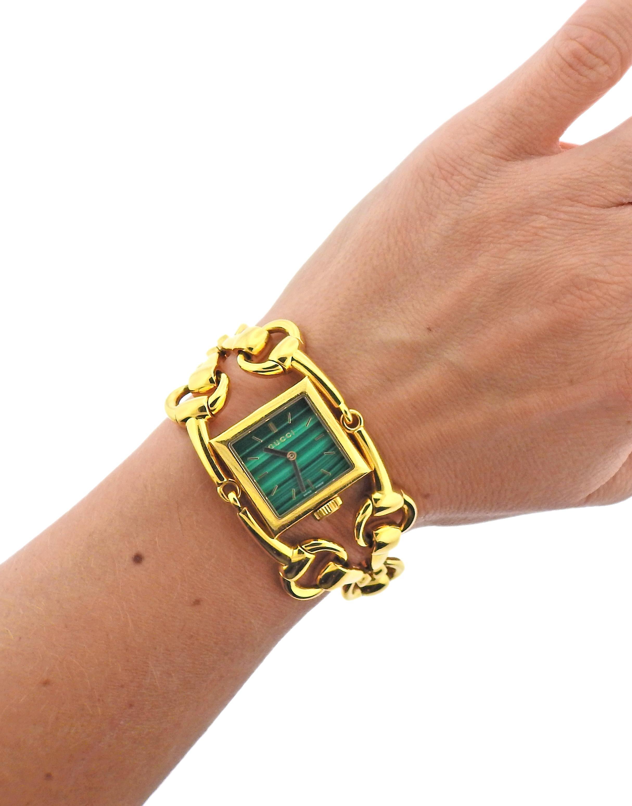Square Cut Gucci Horsebit Malachite Dial Gold Watch Bracelet