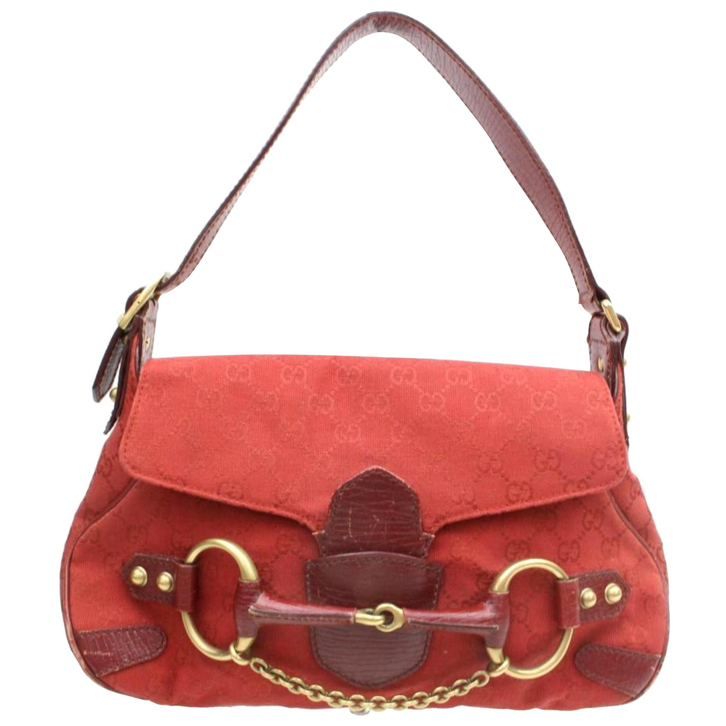 Gucci Horsebit Monogram Chain Flap 869934 Red Canvas Shoulder Bag For Sale