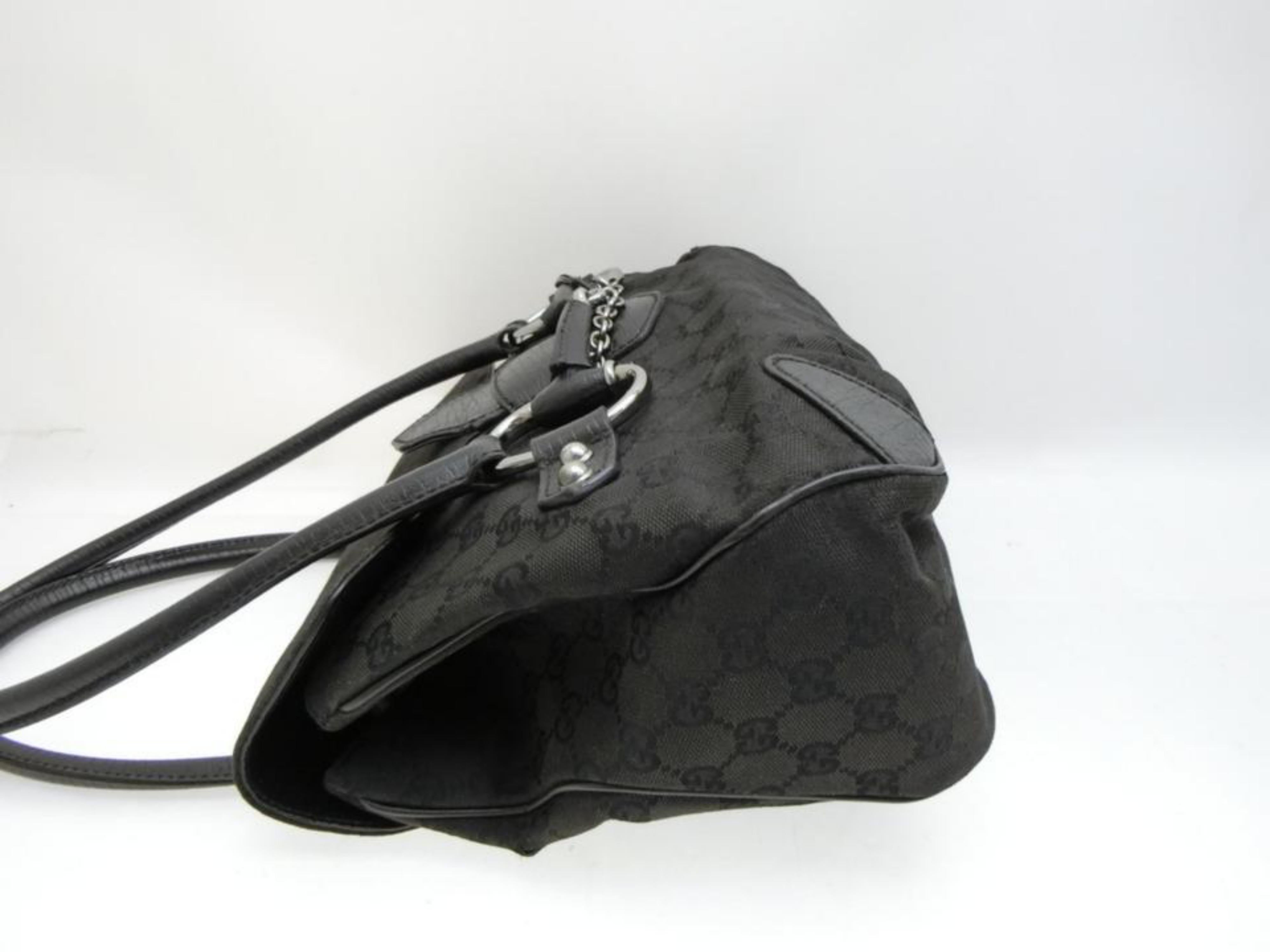 Gucci Horsebit Monogram Chain Satchel 231789 Black Canvas Shoulder Bag For Sale 7
