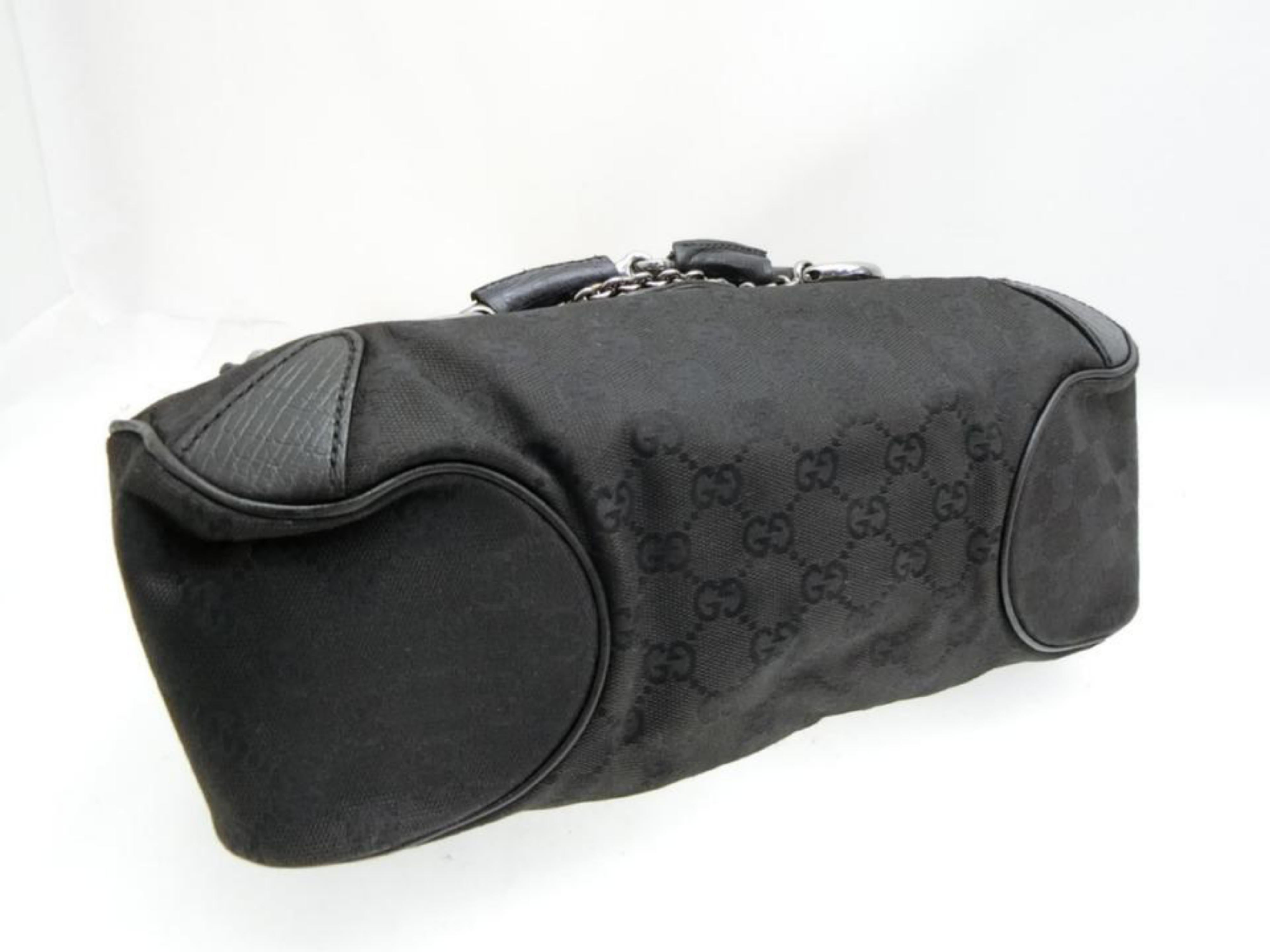 Gucci Horsebit Monogram Chain Satchel 231789 Black Canvas Shoulder Bag For Sale 8