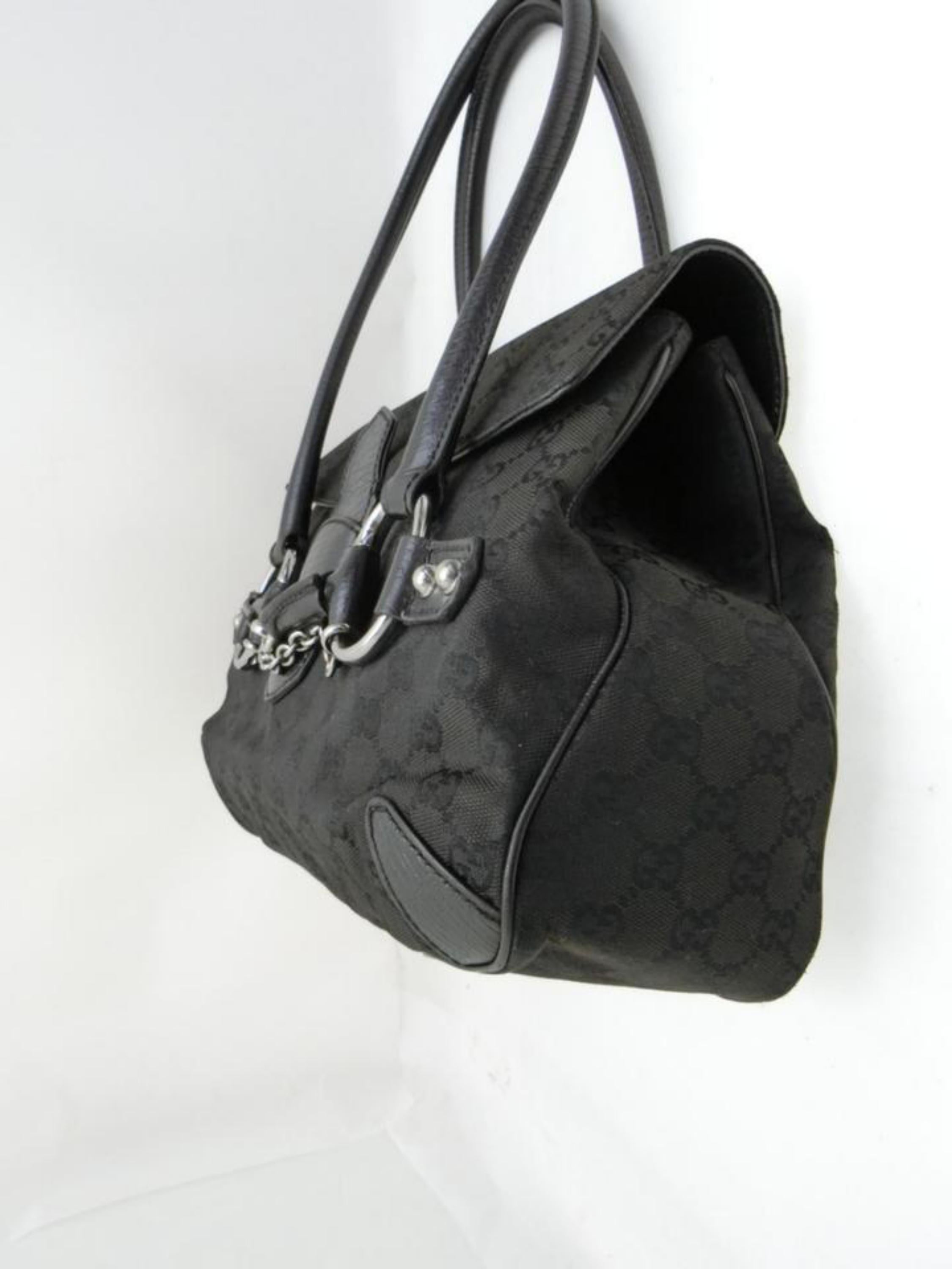 Gucci Horsebit Monogram Chain Satchel 231789 Black Canvas Shoulder Bag For Sale 2
