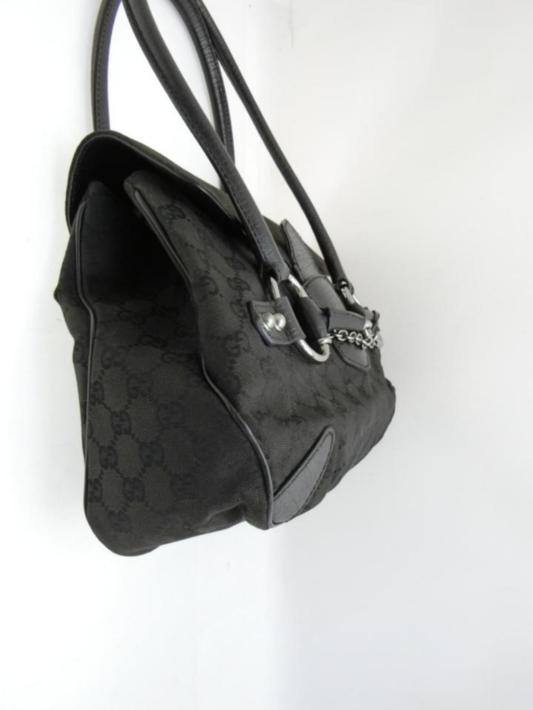 Gucci Horsebit Monogram Chain Satchel 231789 Black Canvas Shoulder Bag For Sale 3