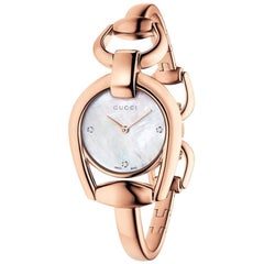 Gucci Horsebit Mother of Pearl Dial Rose Gold PVD Ladies Watch YA139508