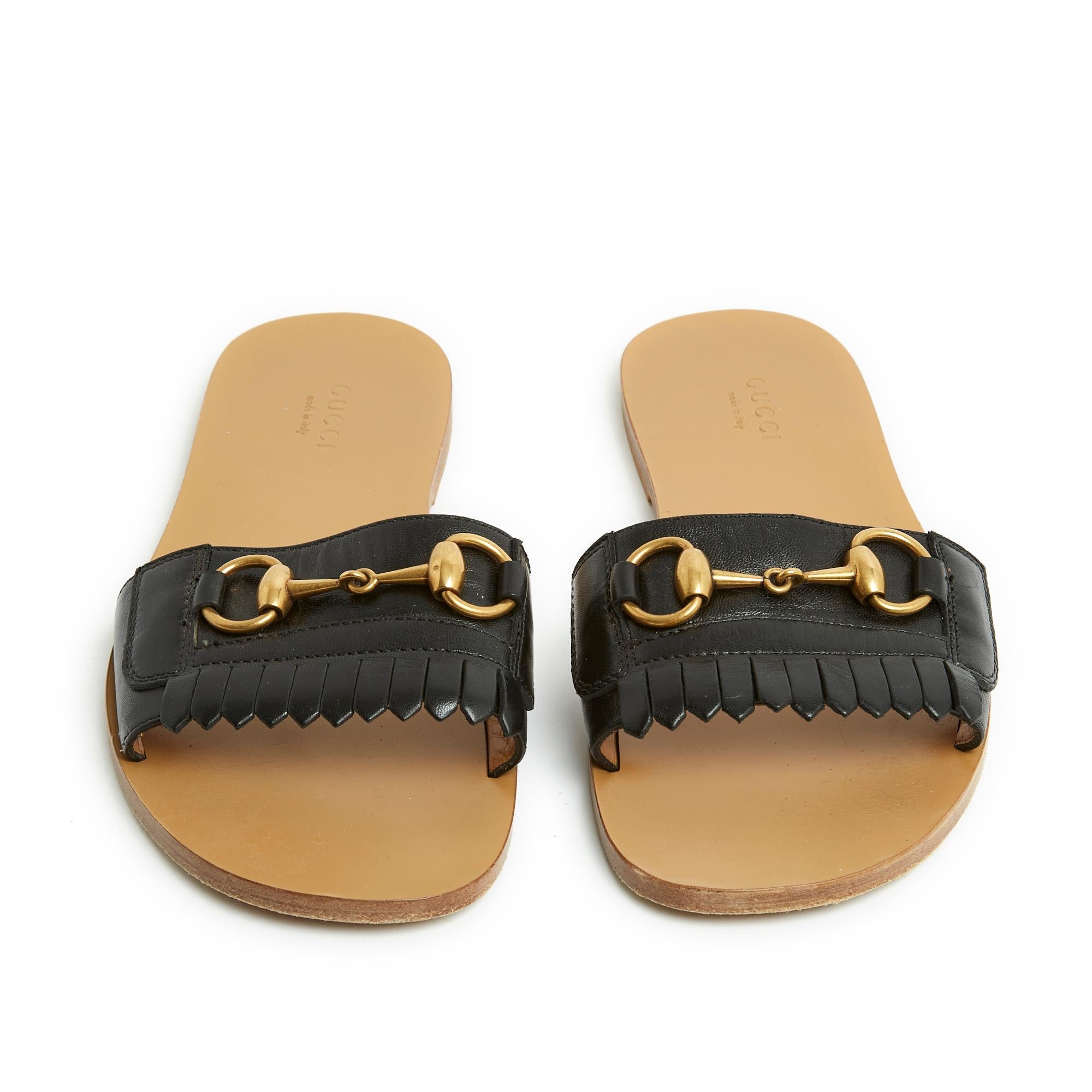 Gucci Horsebit model mules, wide black leather strap with bib and gold metal 