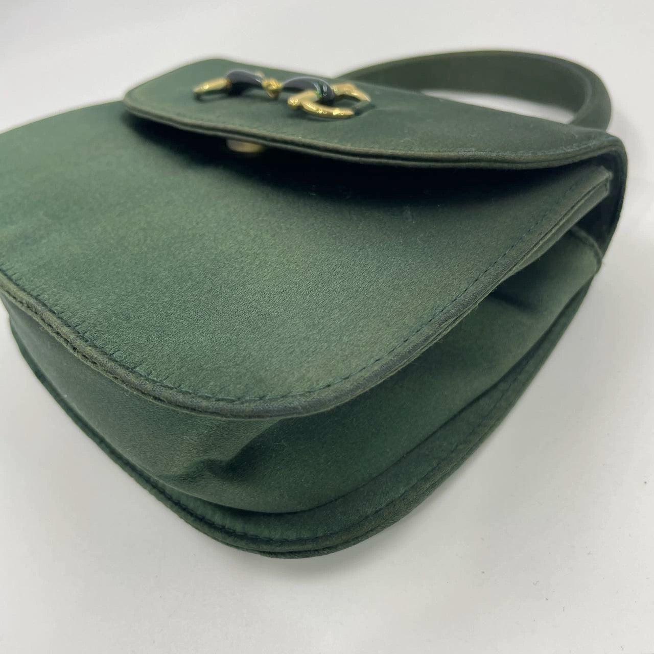 Gucci Horsebit Night Super Mini Green Satin Top Handle Bag with Strap For Sale 10