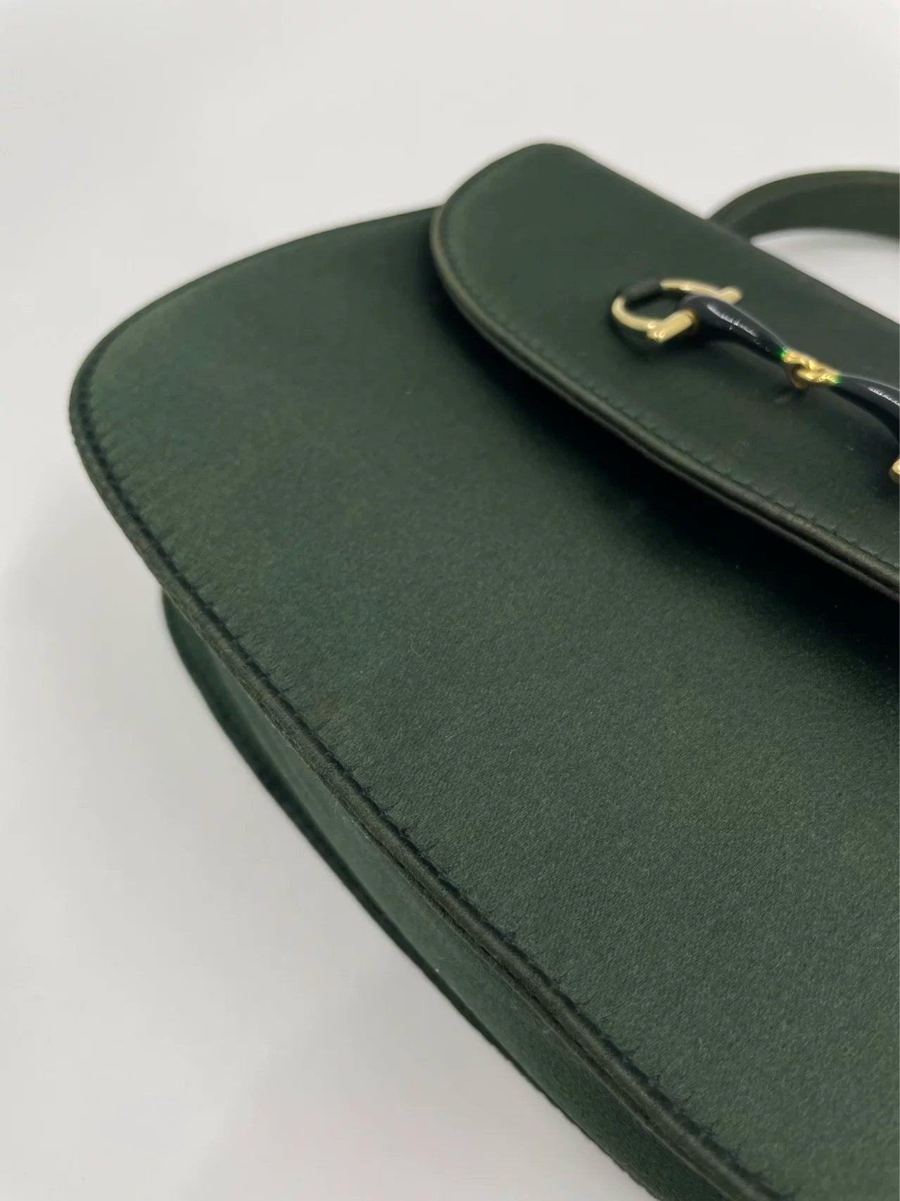Gucci Horsebit Night Super Mini Green Satin Top Handle Bag with Strap For Sale 13