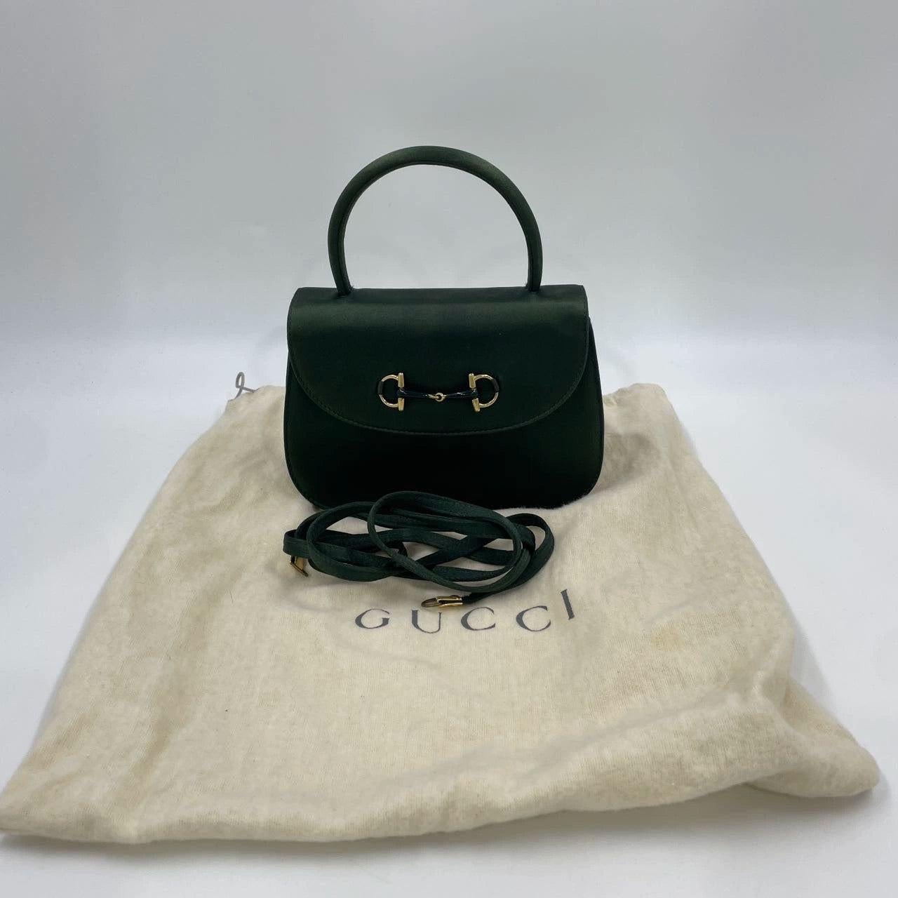 Gucci Horsebit Night Super Mini Green Satin Top Handle Bag with Strap For Sale 2