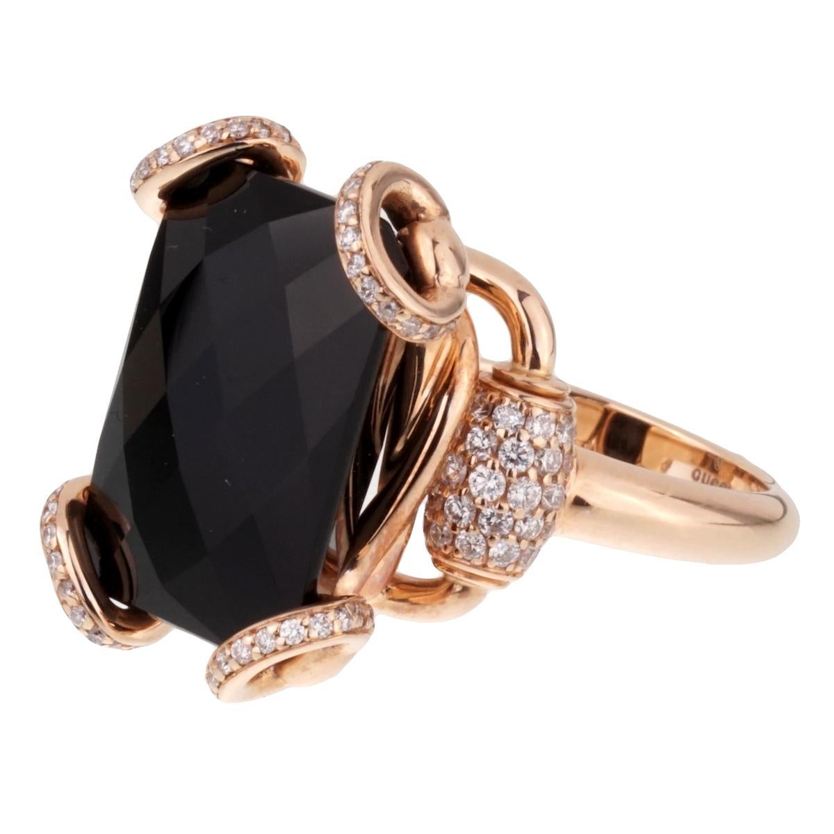 Gucci Horsebit Onyx Diamond Rose Gold Ring In Excellent Condition In Feasterville, PA