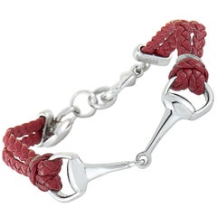 Gucci Horsebit Rhodium-Plated Silver and Red Leather Bracelet