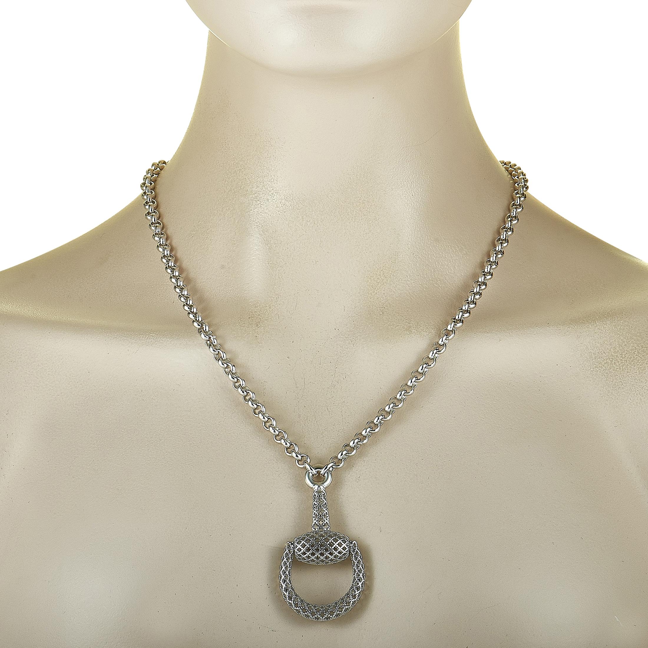 The Gucci “Horsebit” necklace is crafted from silver and weighs 53 grams. The necklace is presented with a 24” chain and a pendant that measures 2.25” in length and 1.20” in width.
 
 This jewelry piece is offered in brand new condition and includes