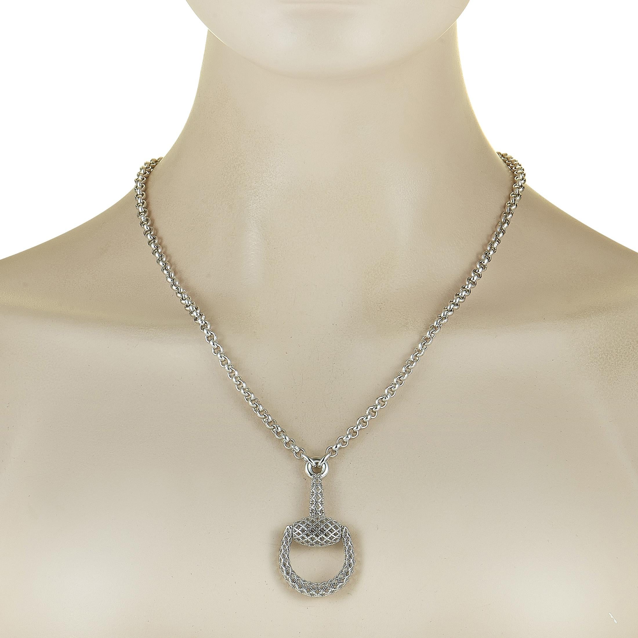The Gucci “Horsebit” necklace is crafted from silver and weighs 41 grams. The necklace is presented with a 20” chain and a pendant that measures 2.12” in length and 1” in width.
 
 This jewelry piece is offered in brand new condition and includes