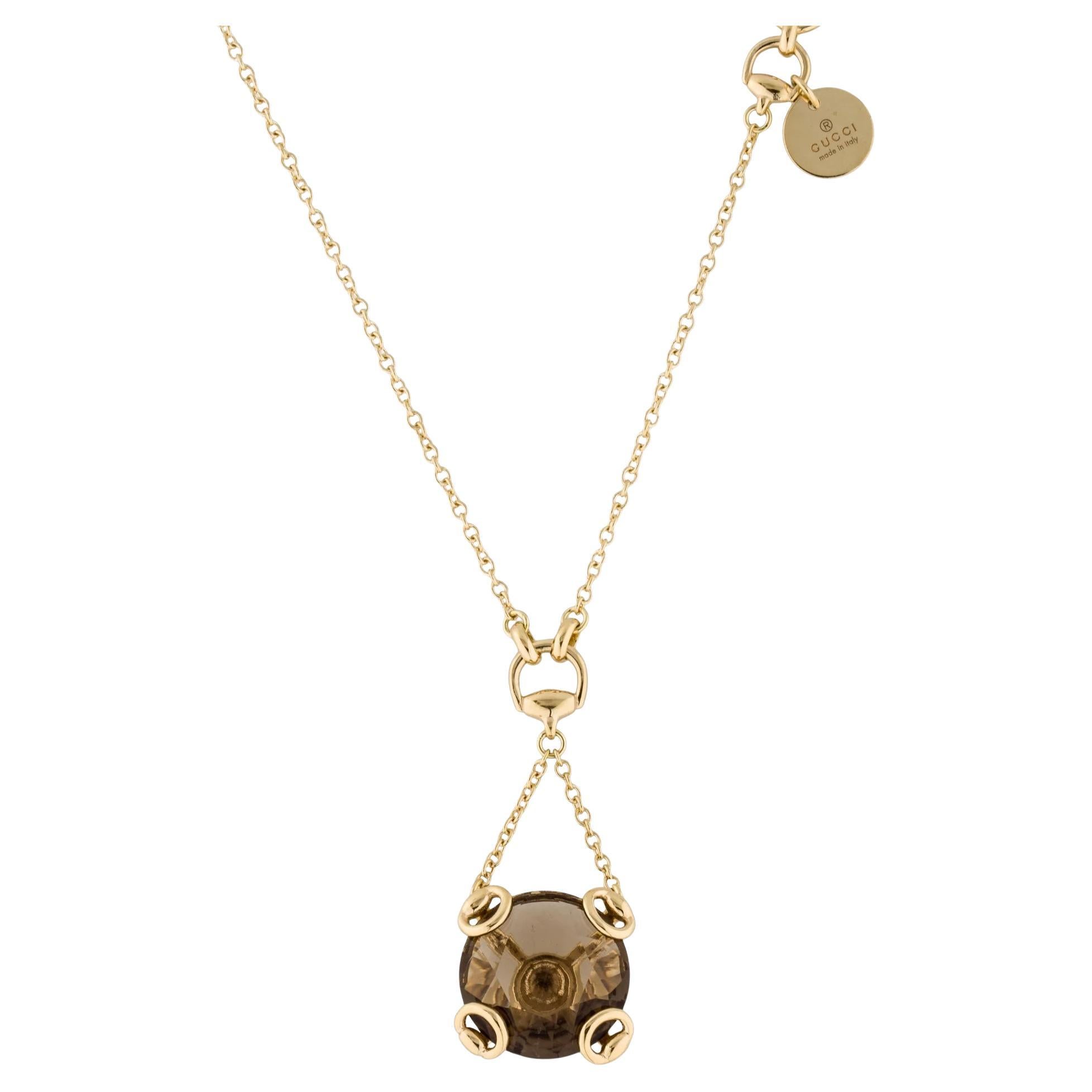 Gucci Horsebit Smoky Quartz Gemstone Pendant Necklace 18K Yellow Gold