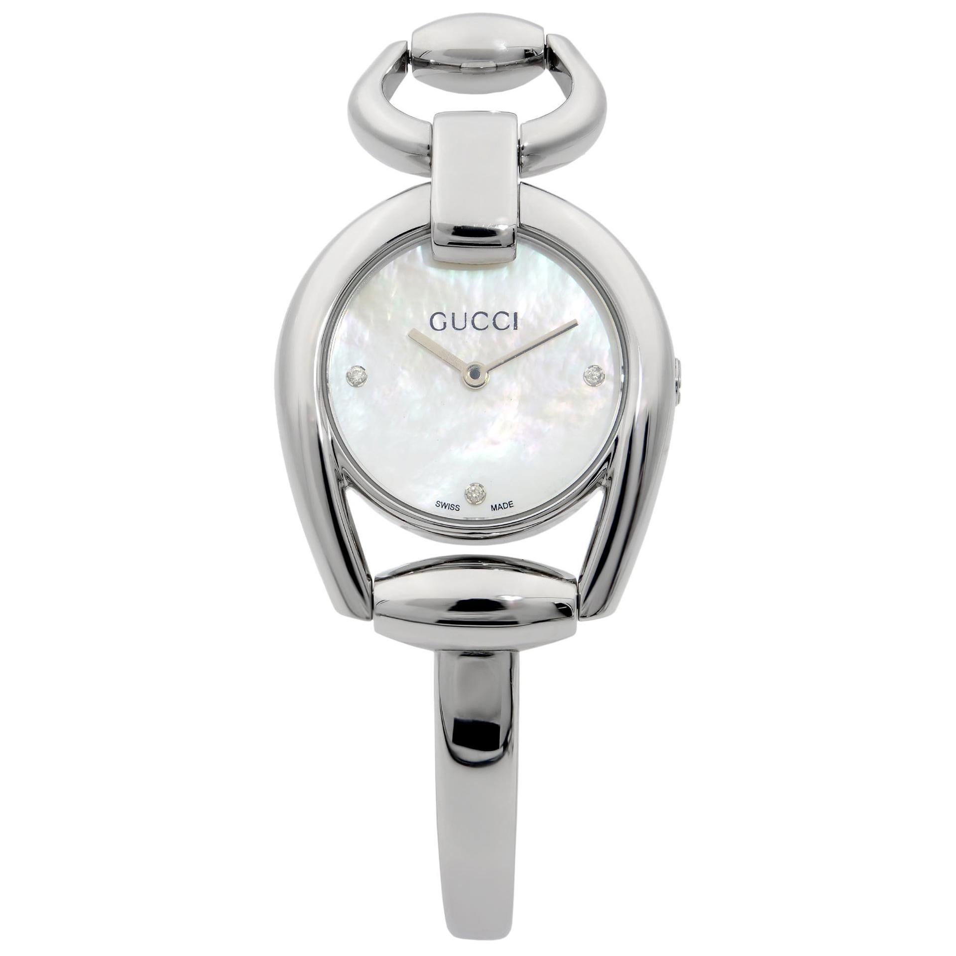 Gucci Horsebit Stainless Steel MOP Diamond Dial Quartz Ladies Watch YA139506