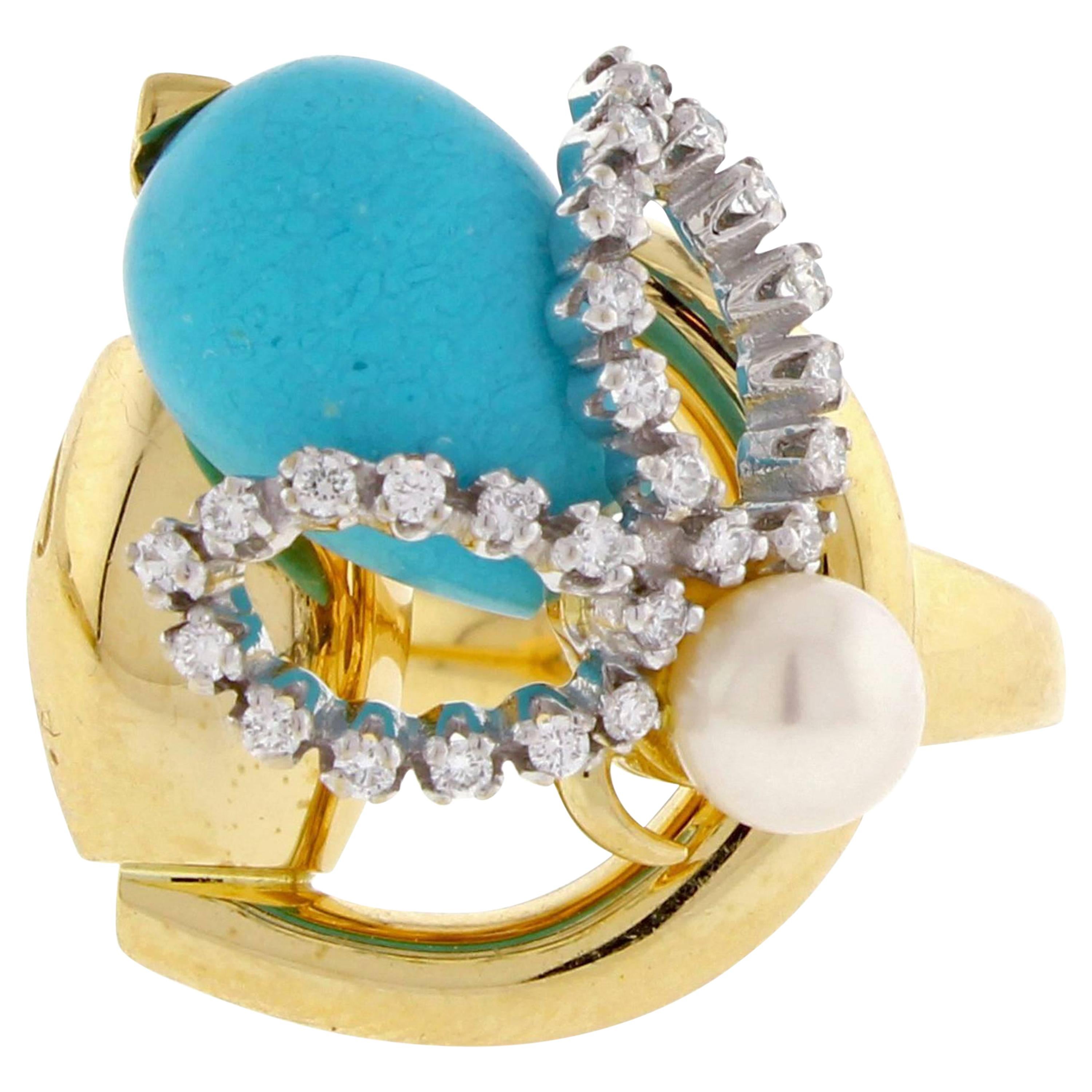 Gucci Horsebit Turquoise Diamond Pearl Yellow Gold Ring