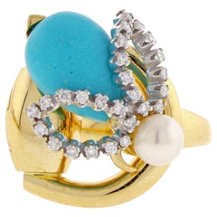 Gucci Horsebit Turquoise Diamond Pearl Yellow Gold Ring