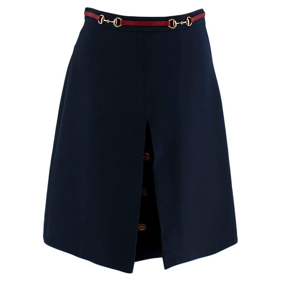 Gucci Horsebit Web Stripe Navy Button Detail Skirt - Size XS