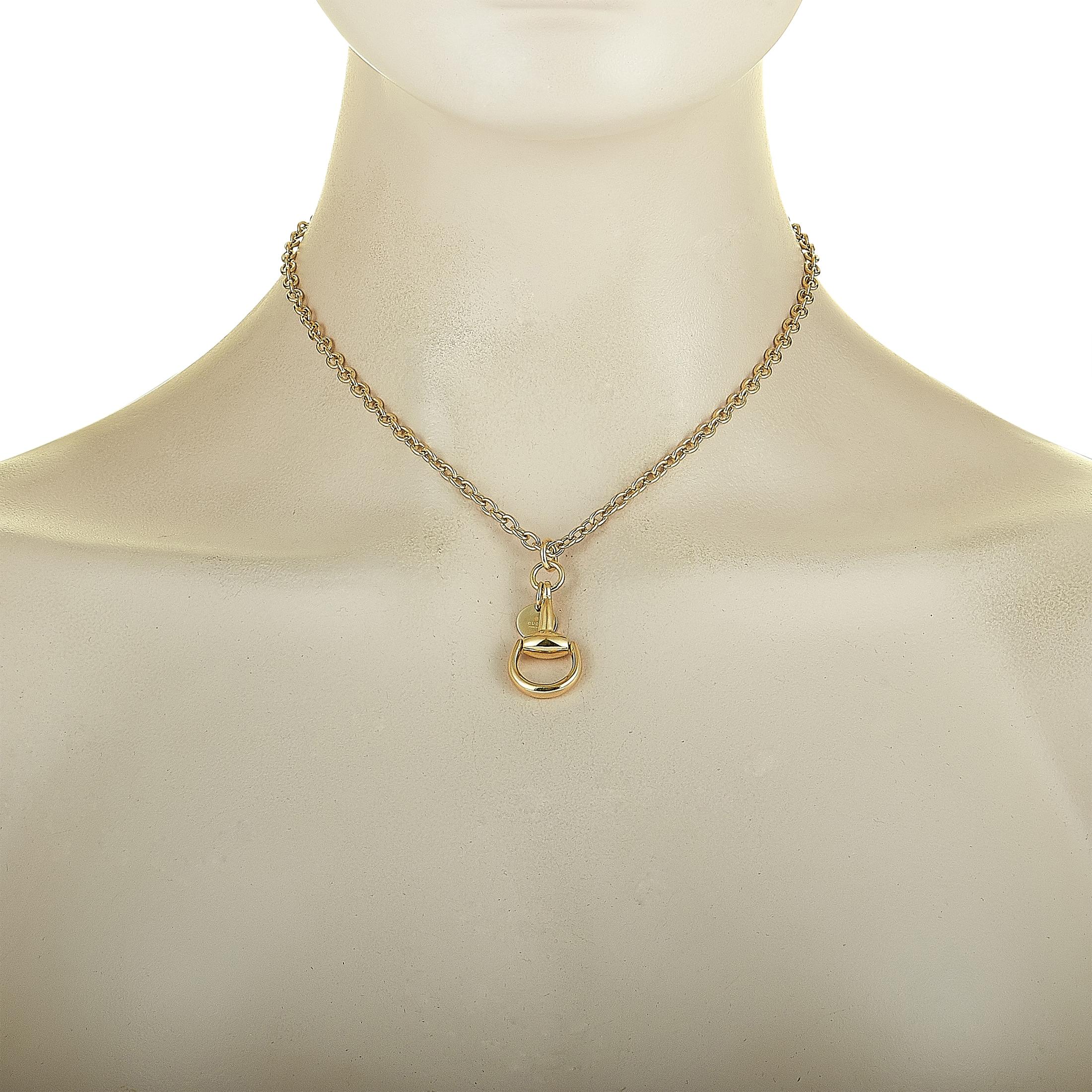The Gucci “Horsebit” necklace is made of 18K yellow gold and weighs 18 grams. The necklace boasts a 16” chain and a pendant that measures 1.37” in length and 0.62” in width.

This jewelry piece is offered in brand new condition and includes the
