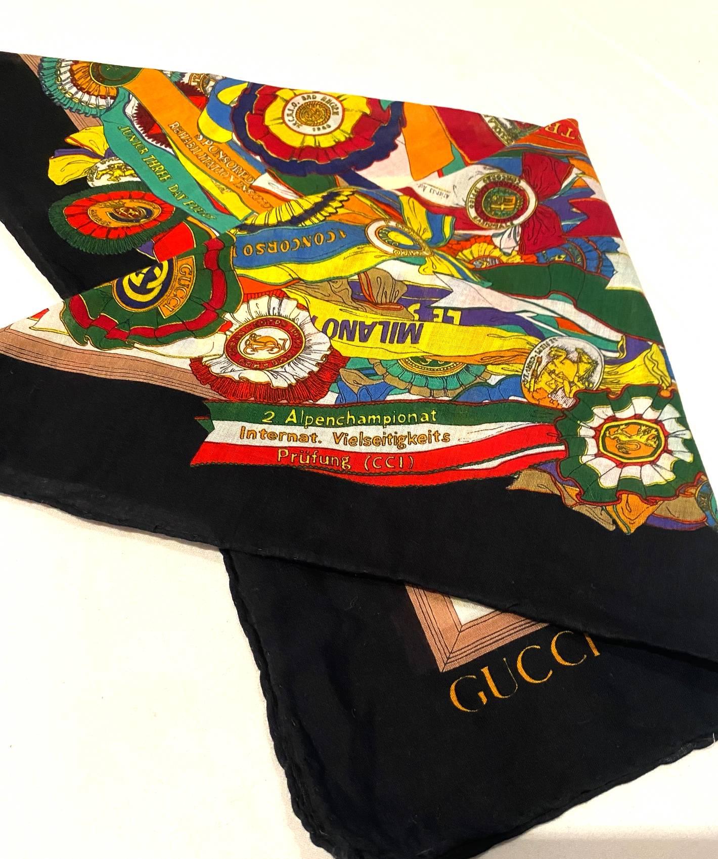 Black Gucci Horseriding Rosettes Print Cotton Neck Scarf 