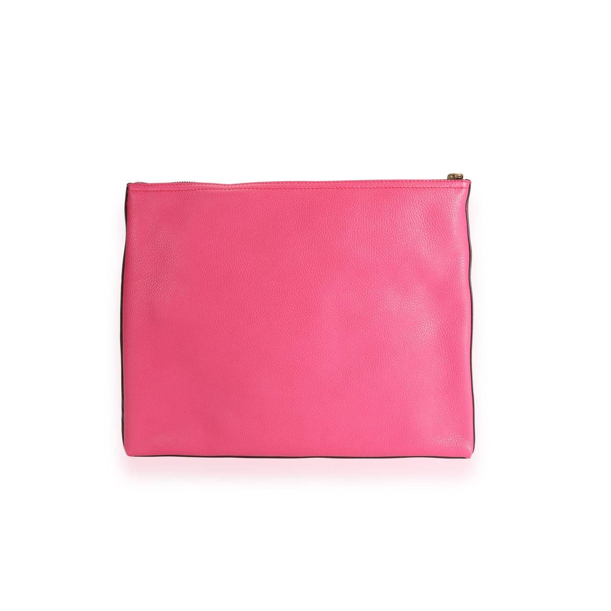 Gucci Hot Pink Leather Portfolio Clutch. Features gold hardware, pink canvas interior, pink leather exterior, and a gold zipper closure.

77320MSC