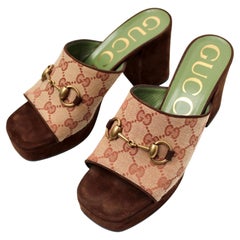 Gucci Houdan Horsebit Original GG Suede Platform Slide Sandals
