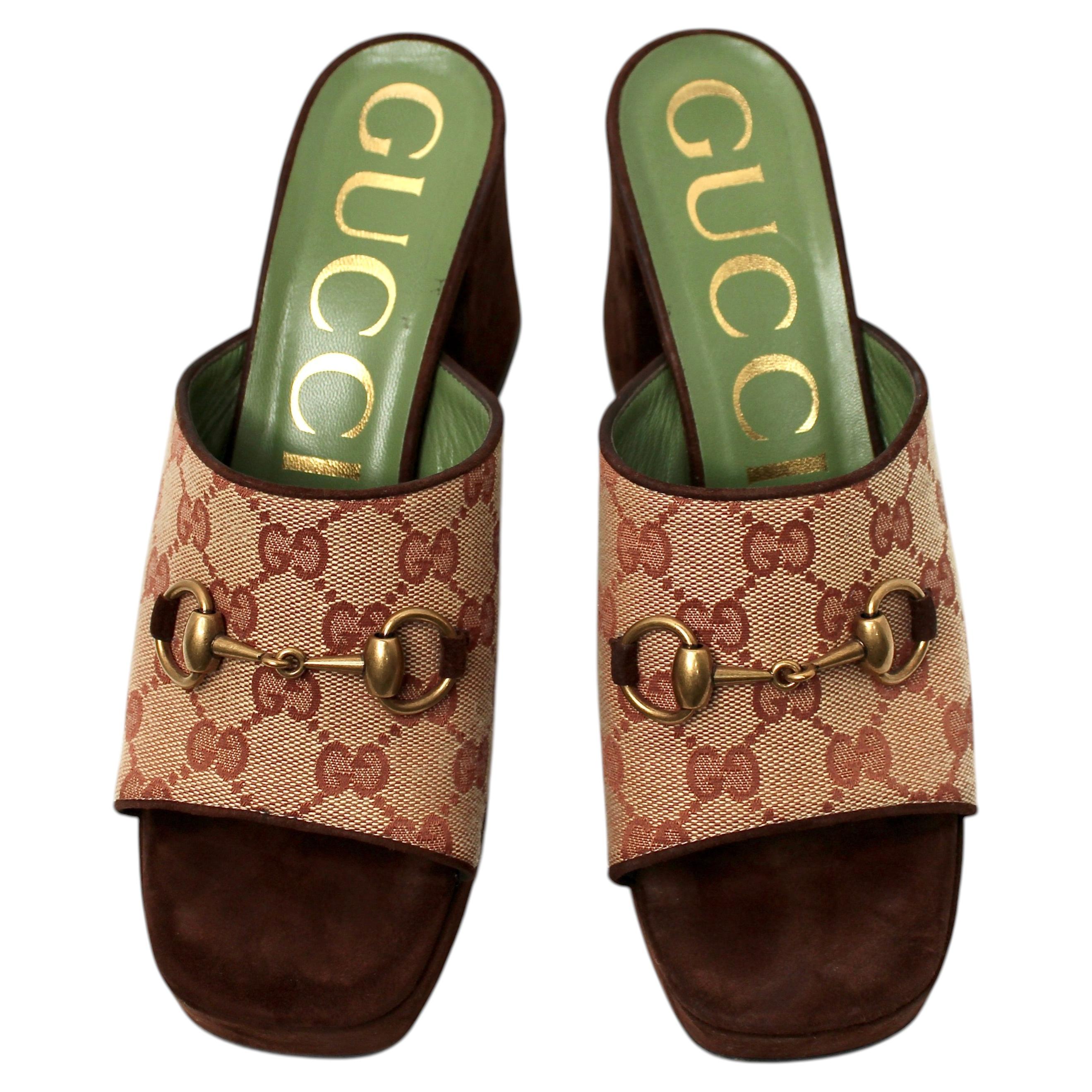 Pre-owned Gucci Houdan Horsebit Original Gg Suede Platform Slide Sandals In Brown