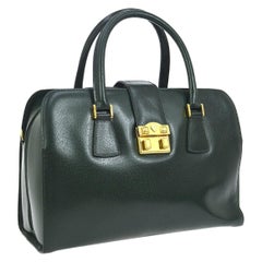 Vintage Gucci Hunter Green Leather Gold Top Handle Satchel Large Carryall Shoulder Bag