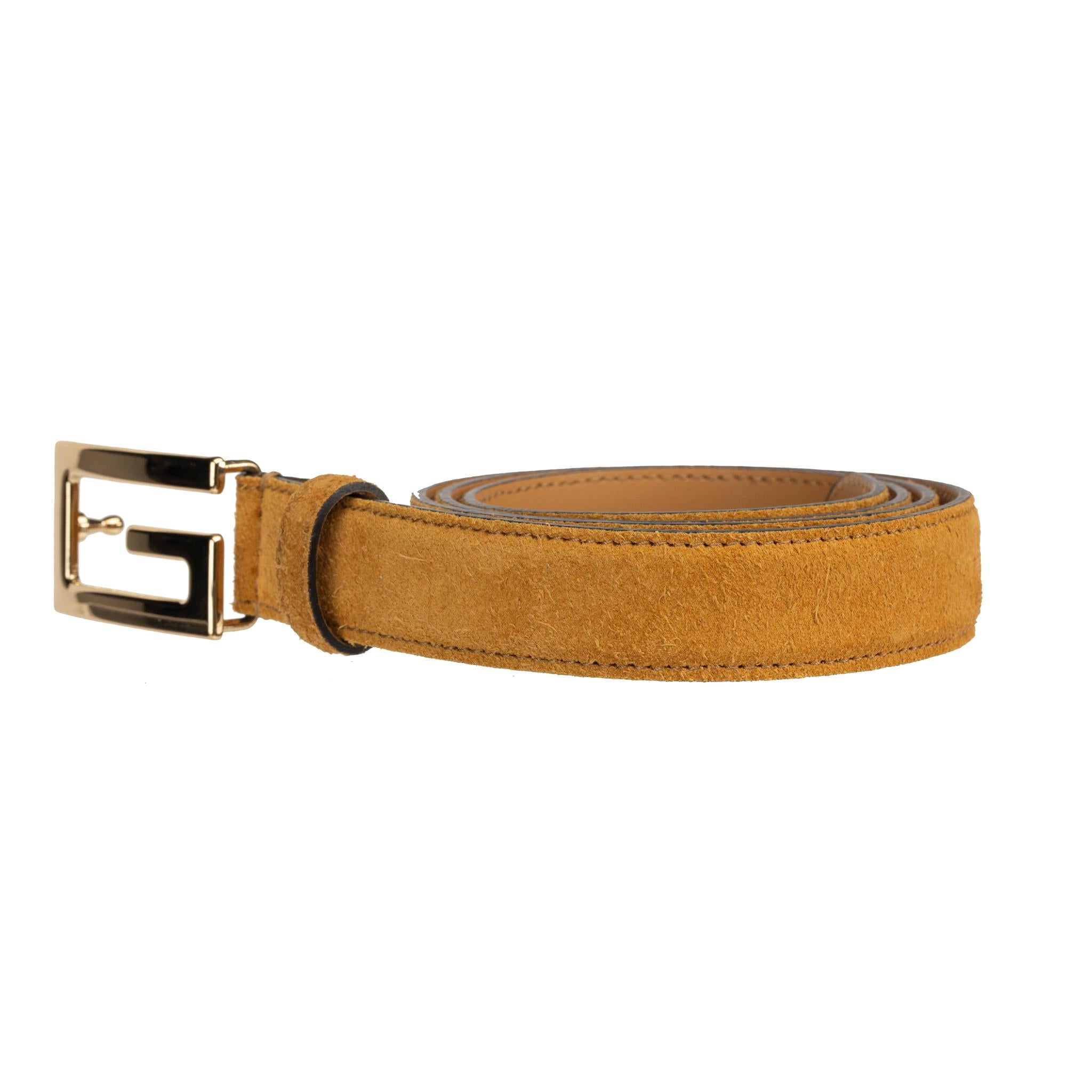Brown Gucci Icaro Belt Saffron Suede Leather Gold Hardware For Sale